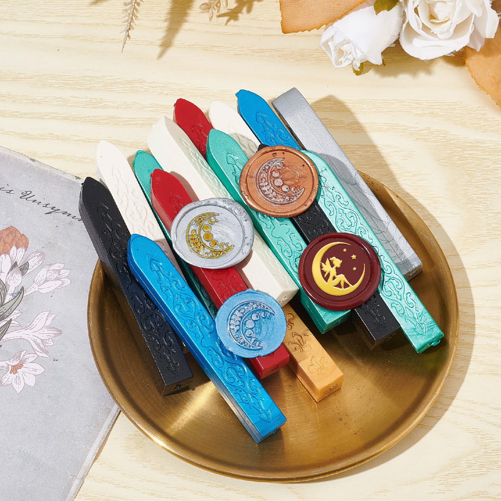 CRASPIRE Fairy Wax Seal Stamp Moon Sealing Wax Stamps 25mm Retro Vintage Removable Golden Brass Stamp Head with Rosewood Handle for Wedding Invitations Envelopes Christmas Thanksgiving Decoration - Image 4