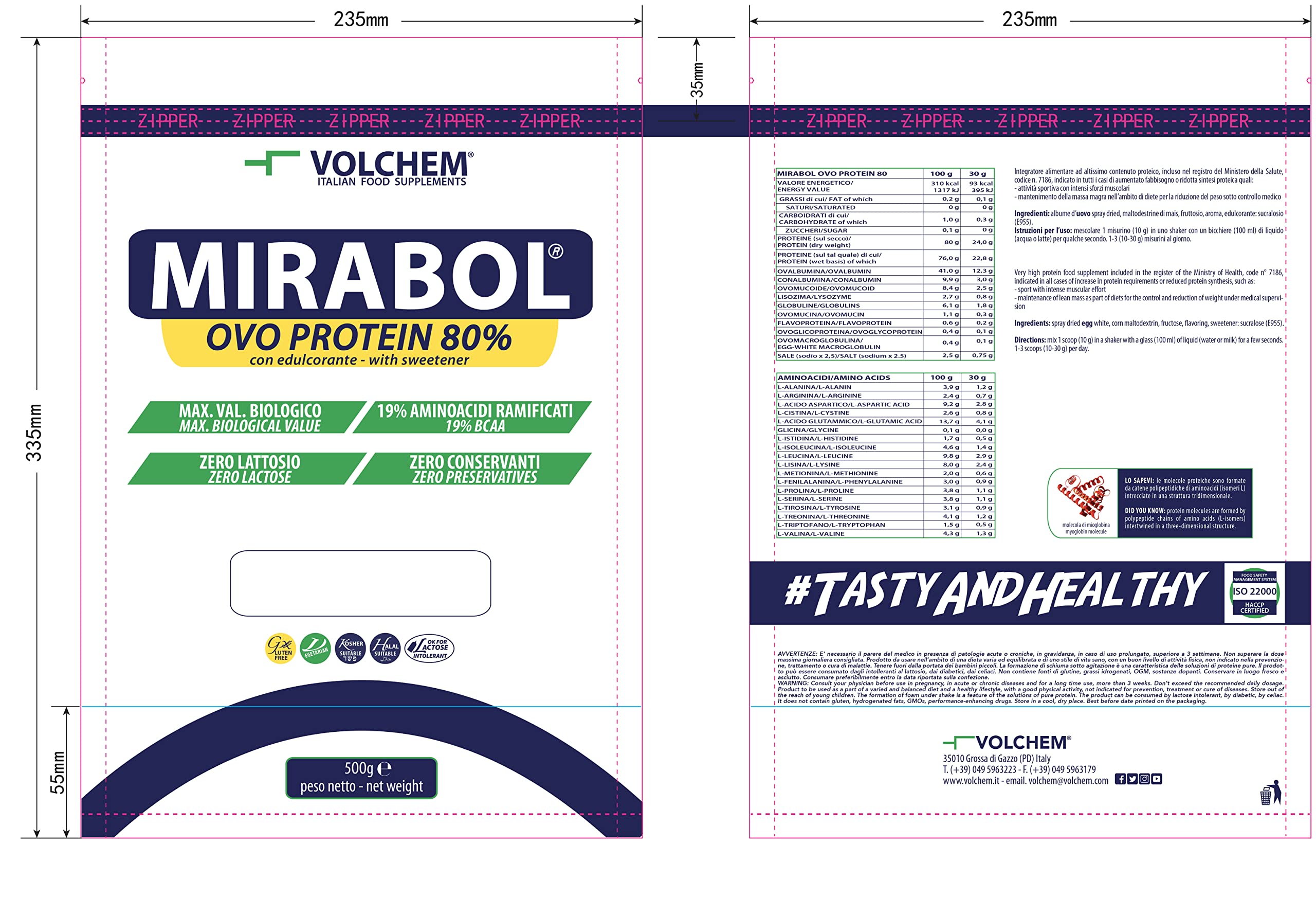 Volchem Mirabol Ovo Protein 80, Integratore Alimentare con Proteine dell'Uovo, 80% Purezza, 19% Aminoacidi Ramificati, Senza Lattosio e Conservanti, Busta con Polvere Solubile, Gusto Crema, 500 g
