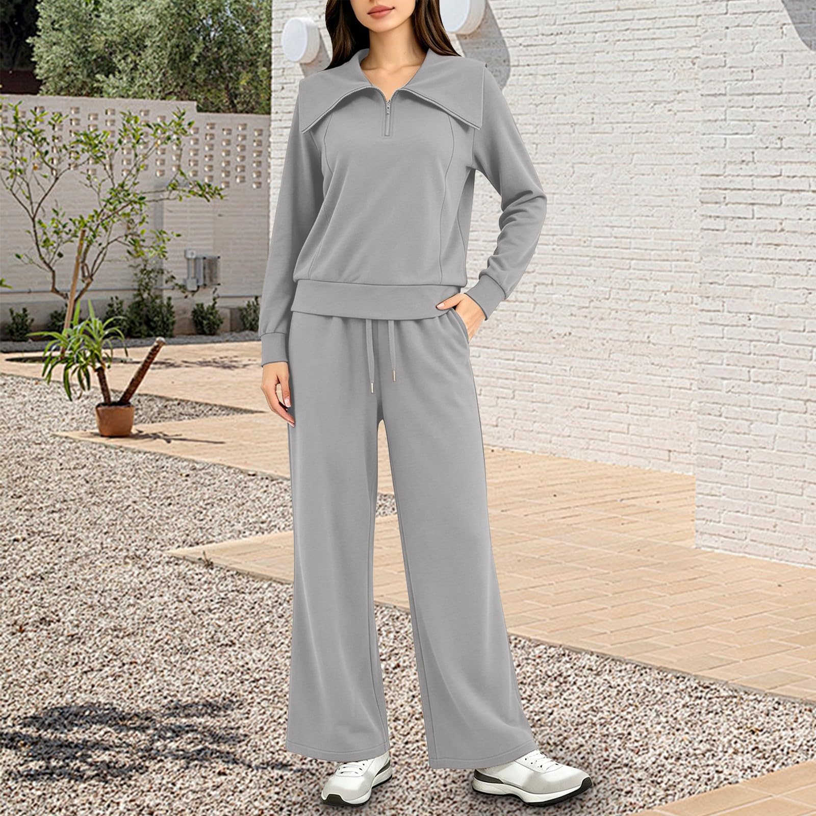 Donna Tute Cotone Felpa Oversize Con Zip a Quarto Manica Lunga Pantaloni | Completi Da Ginnastica Morbido Loungewear Tracksuit In Pile Oversize Curvy Set Felpata Da Casa Fitness Comodo Tinta Unita