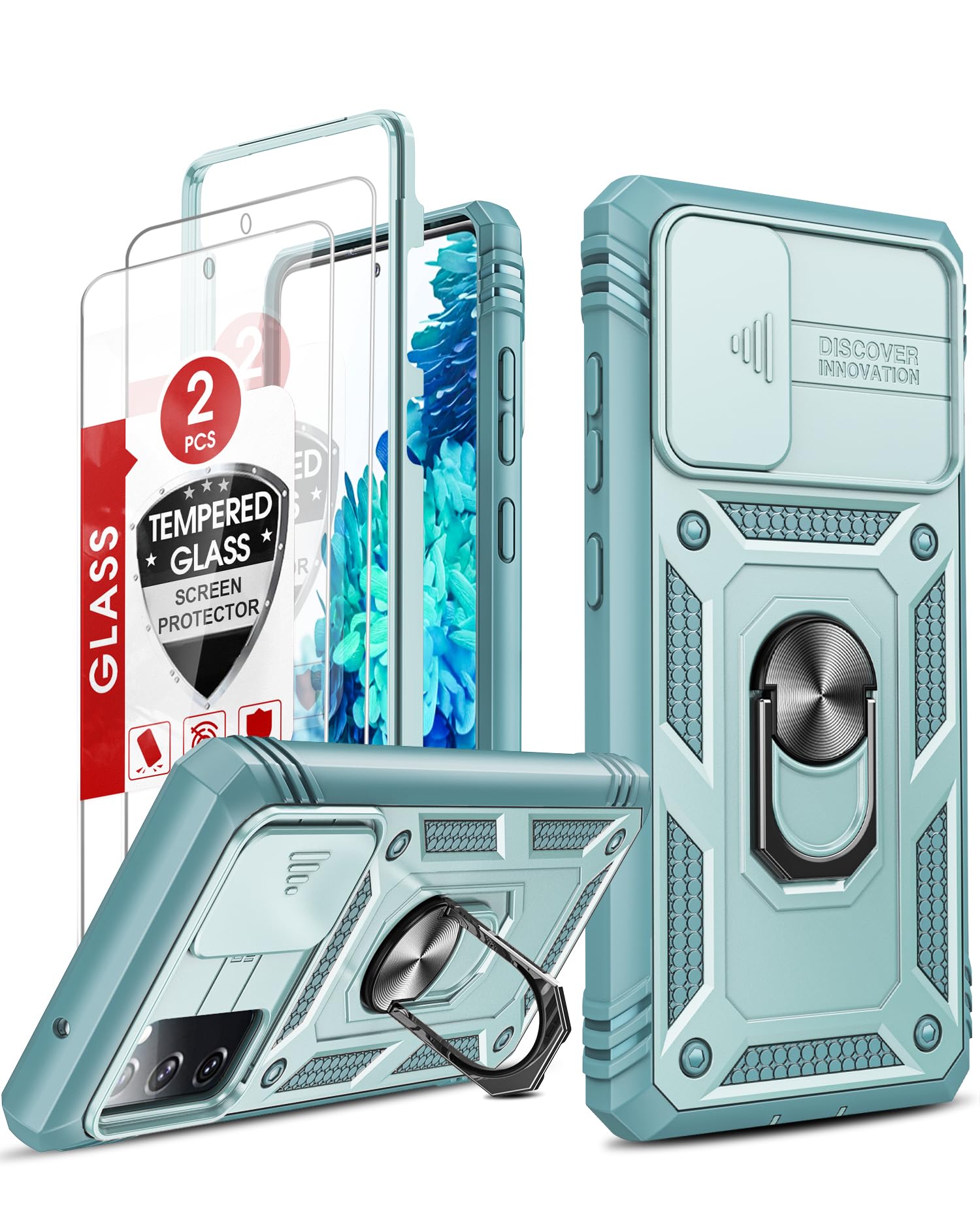 LeYi for Samsung Galaxy S20 FE Case with 2 Tempered Glass Screen Protector| Slide Camera Cover| Ring Holder, 360 Full Body Protective Heavy Duty Tough Hard Armour Phone Cover for Samsung S20FE,G-Green