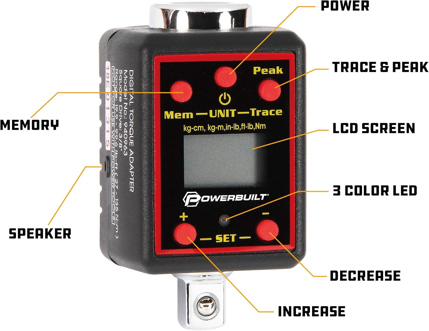 Powerbuilt Digital Torque Socket Adapter, 3/8 Inch Drive Ratchet to Torque Wrench Converter, LCD Display Screen, Five Units of Measure - Red 940963