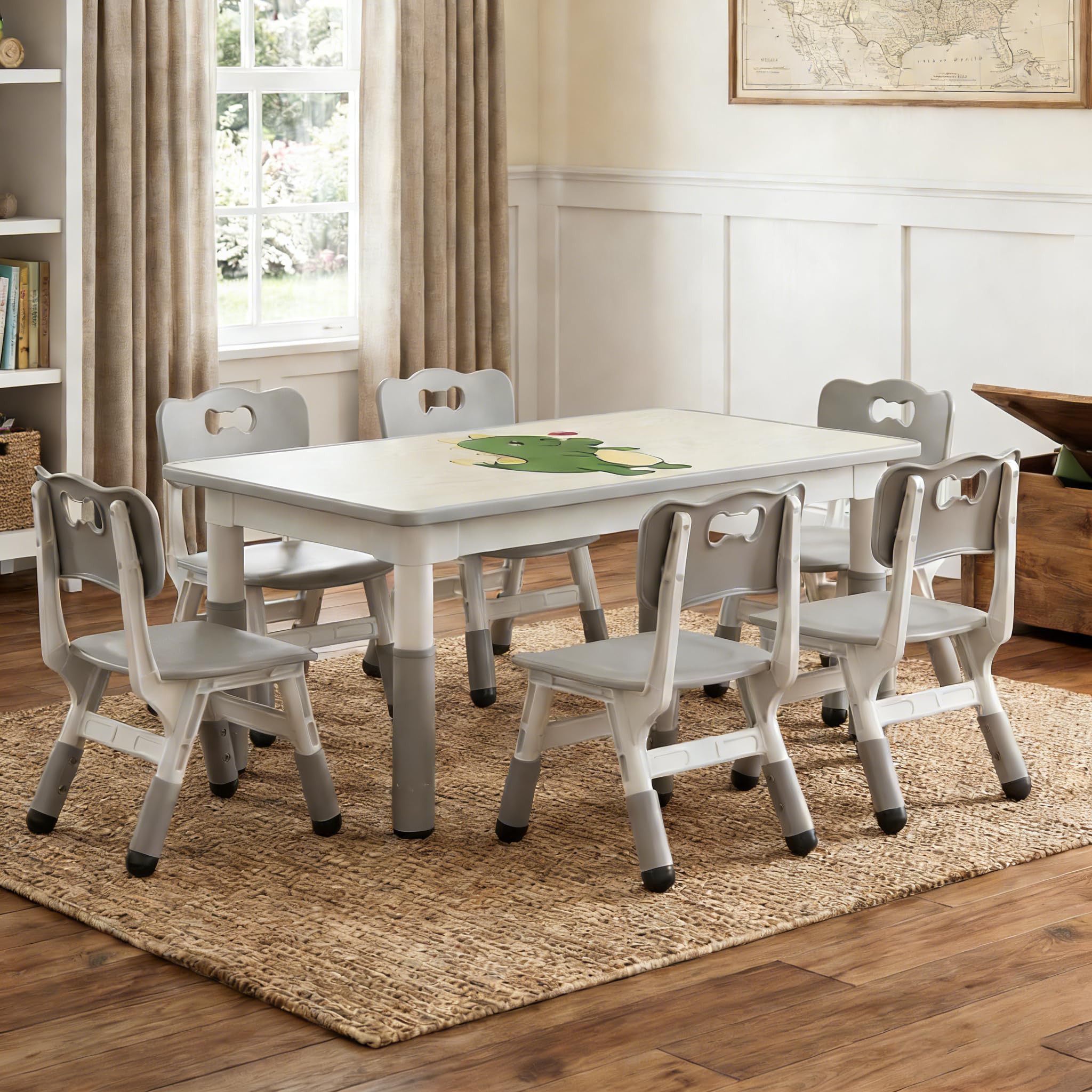 IDEALHOUSE Kids Table and 6 Chairs Set, Height Adjustable Toddler Table and Chair Set, Graffiti Desktop, Children Study Table for 6 for Home Daycare Preschool for Ages 2-10, Grey
