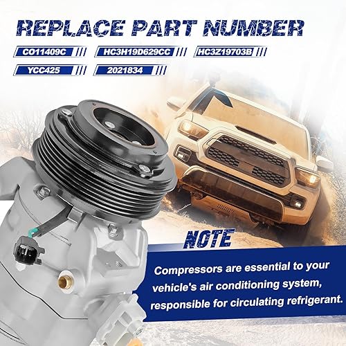 Miniatura 3 de Compresor de AC con embrague compatible con Ford F-250 F-350 F-450 F-550 Super Duty 6.2L 6.8L, reemplaza el número OE CO11409C, HC3H19D629CC,