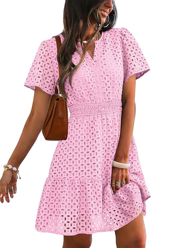 RUMIA Eyelet Dress for Women 2026 Casual V Neck A Line Mini Birthday Dress Pink Medium by RUMIA - Image 3