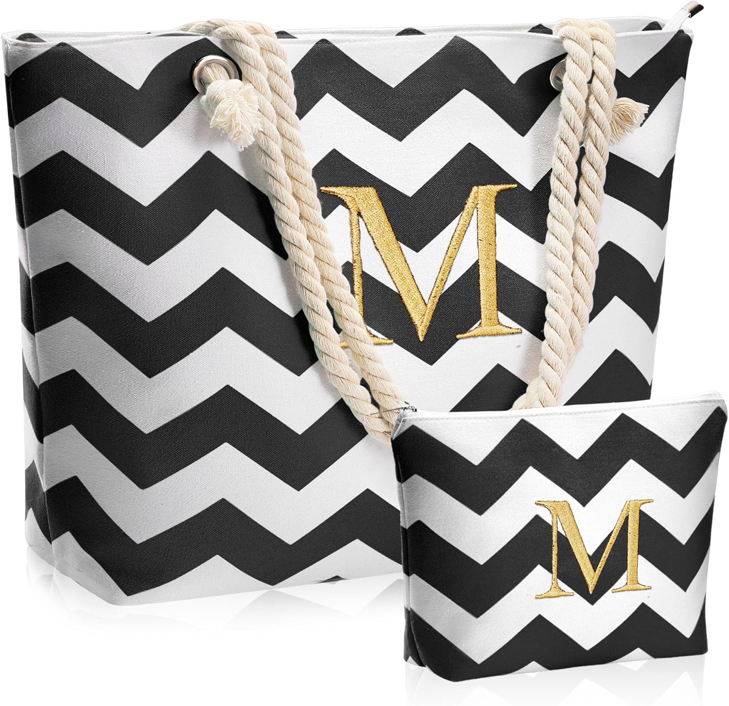 YOOLIFE Christmas Gifts for Women - Monogram Initial Tote Bag with Makeup Bag Mothers Day Birthday Gifts for Women Black M