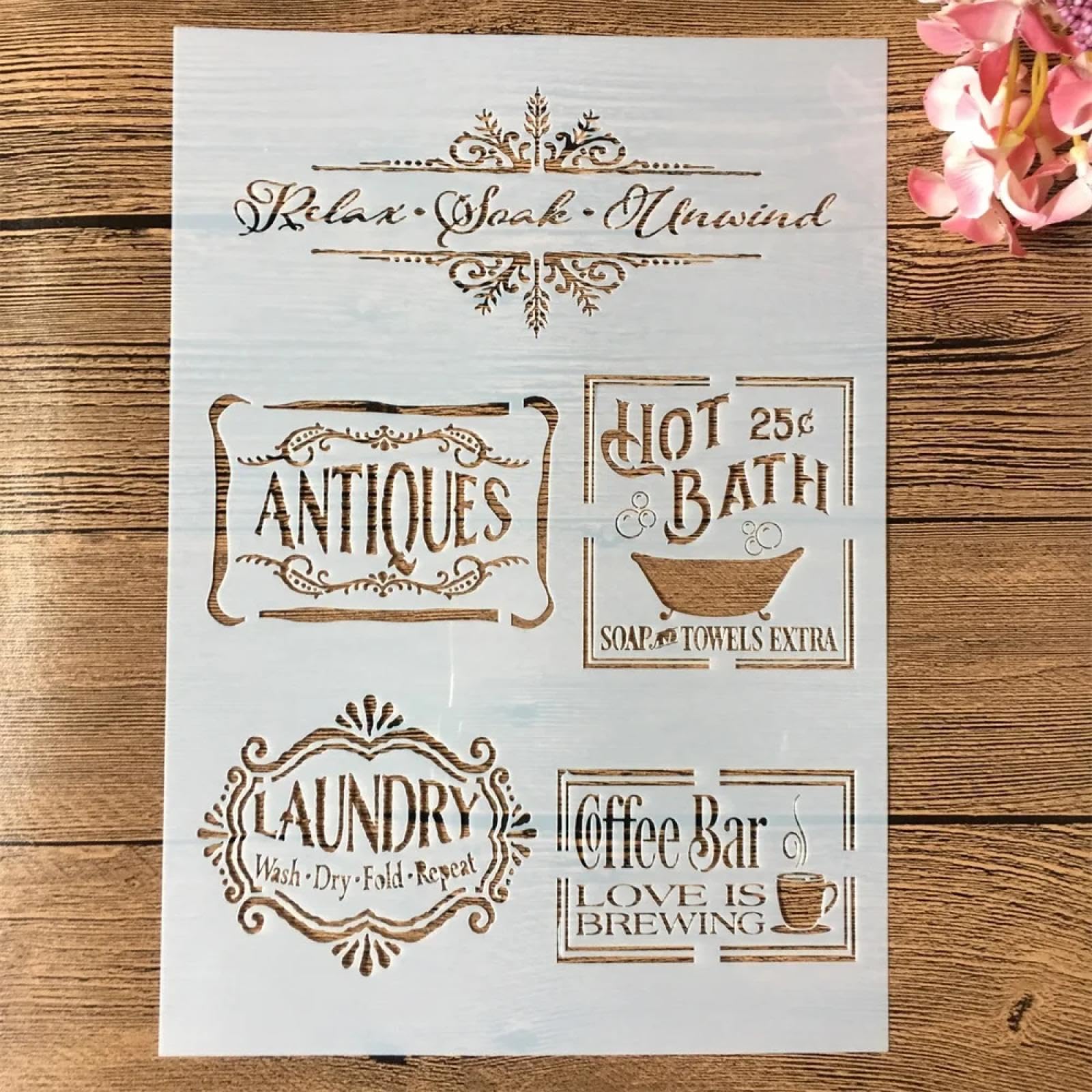 Pochoirs réutilisables A4 étiquettes de bain antiques 29 cm pour peinture