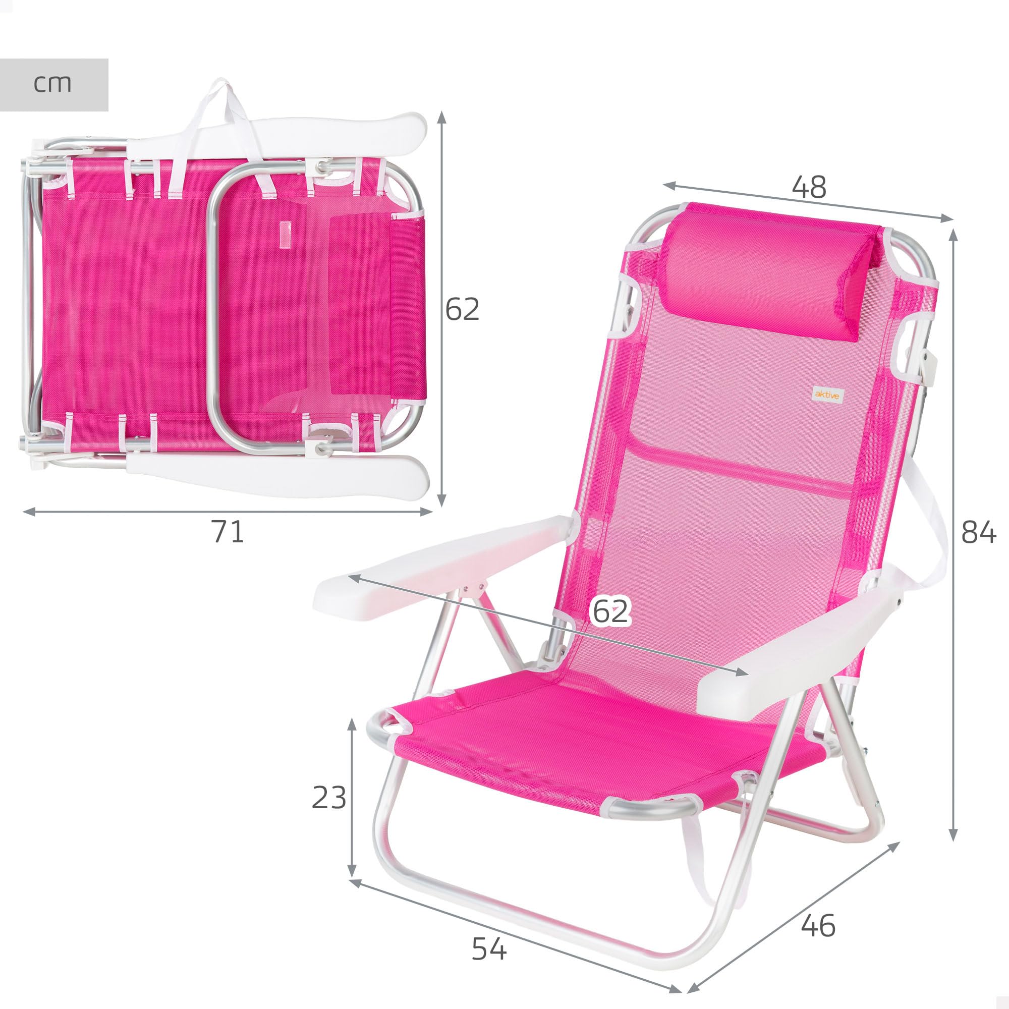 AKTIVE Lot de 2 chaises de Plage Basses Multipositions 5 Positions en textilène avec Coussin, Aluminium léger, jusqu'à 110 kg, Pliables avec poignée, Fuchsia (85524)