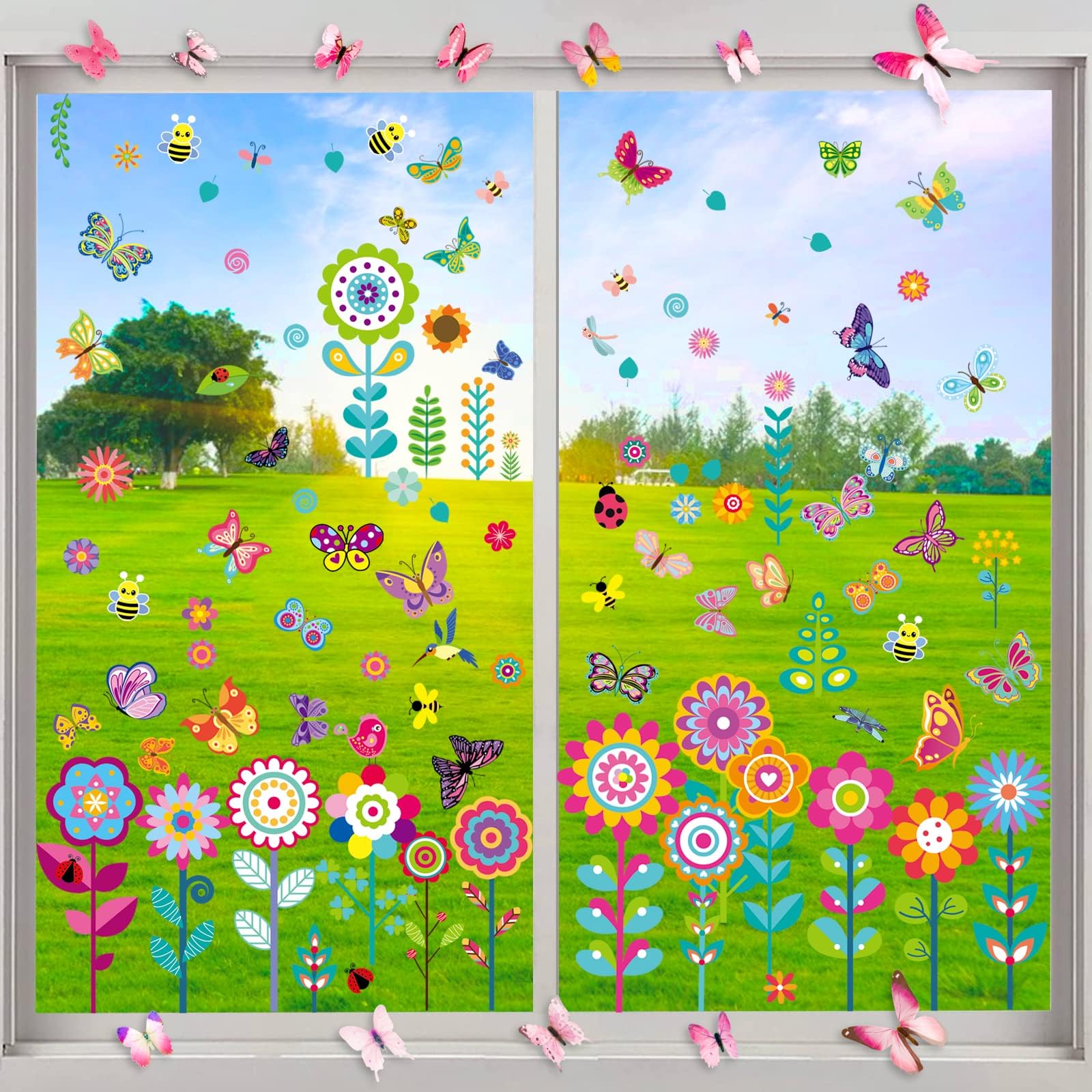 Vetrofanie Primaverili Adesivi Per Finestre - Tulipani, Uccelli, Farfalle, 9 Pezzi 20x30cm