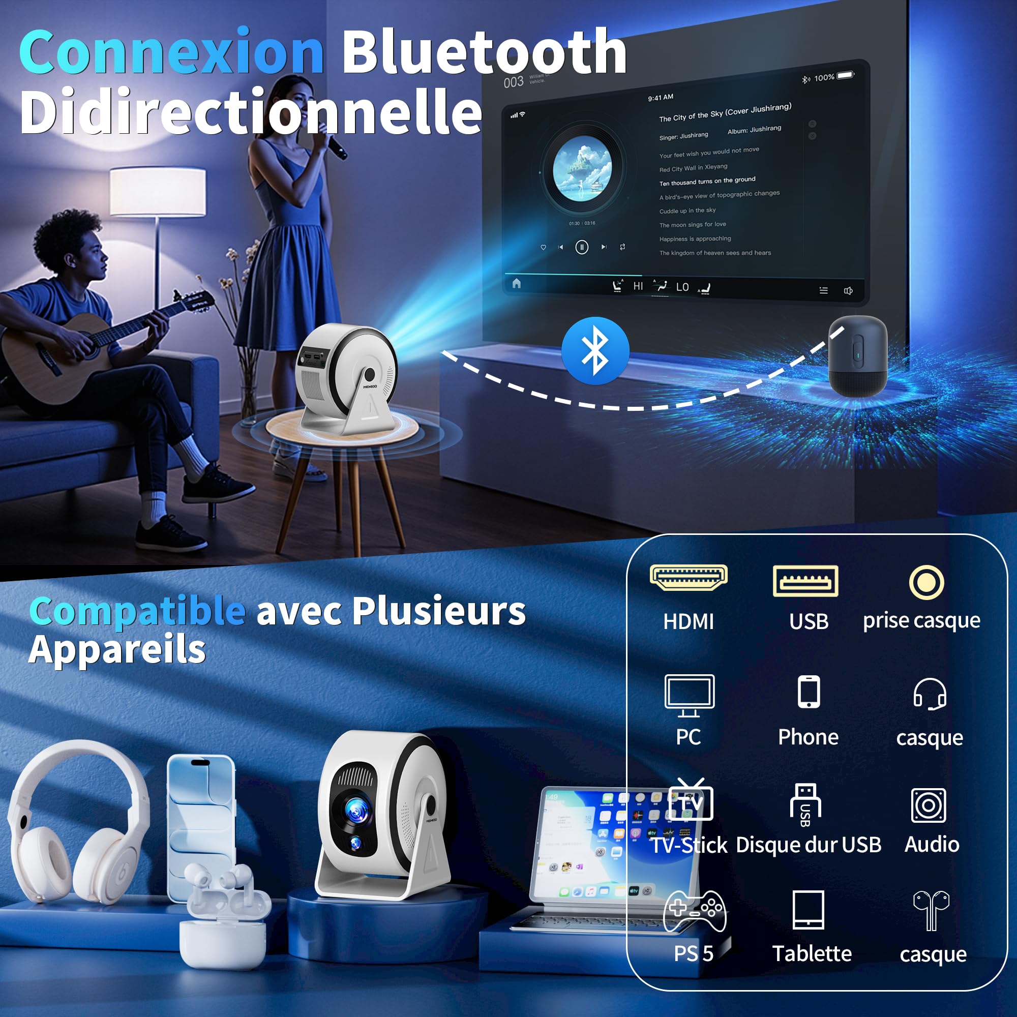 [App integree] Mini Vidéoprojecteur Supporte 4K 1080P 2026 Upgraded AutoFocus & Keystone, Projecteur Correction 360" Rotation avec WiFi 6 etBluetooth 5.4 projecteur avec HDMI/TV Stick/USB/ - Blanc