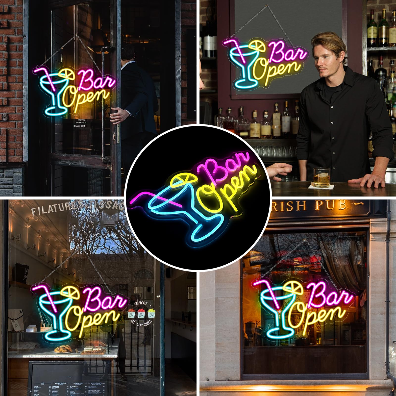 inShareplus Bar Open Neon Schild, Cocktail Leuchtreklame für Wand, Dimmbar Bar Schild mit USB-Betrieb, Open Schild für Bar, Hausbar, Club, Bistro, Party, Open Sign für Schaufenster Dekorationen