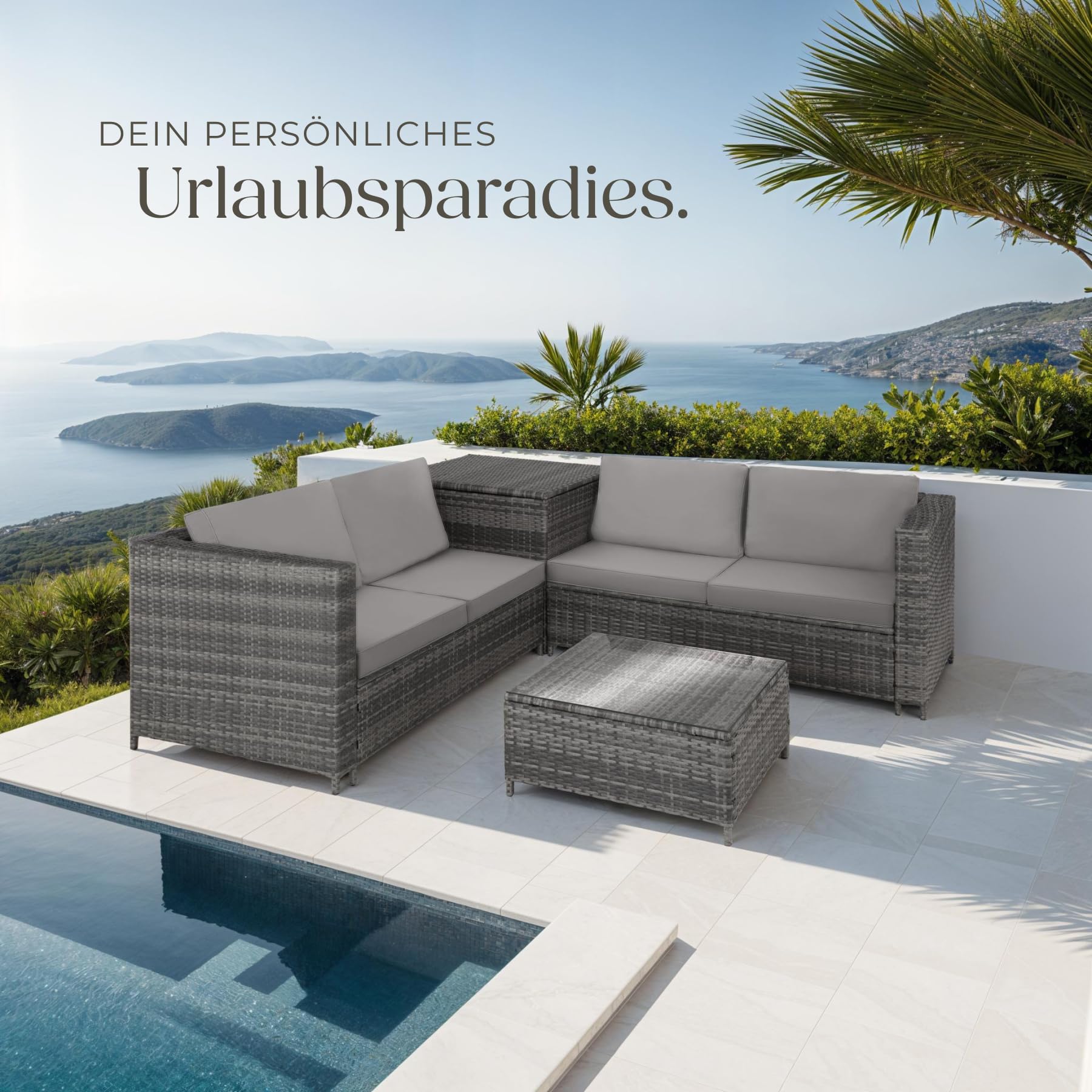 tectake Polyrattan Sitzgruppe für 4 Personen, Balkon Garnitur mit Sitzkissen, Aufbewahrungsbox draußen sowie Outdoor Couchtisch mit Glasplatte, Balkonmöbel Rattan - grau/hellgrau
