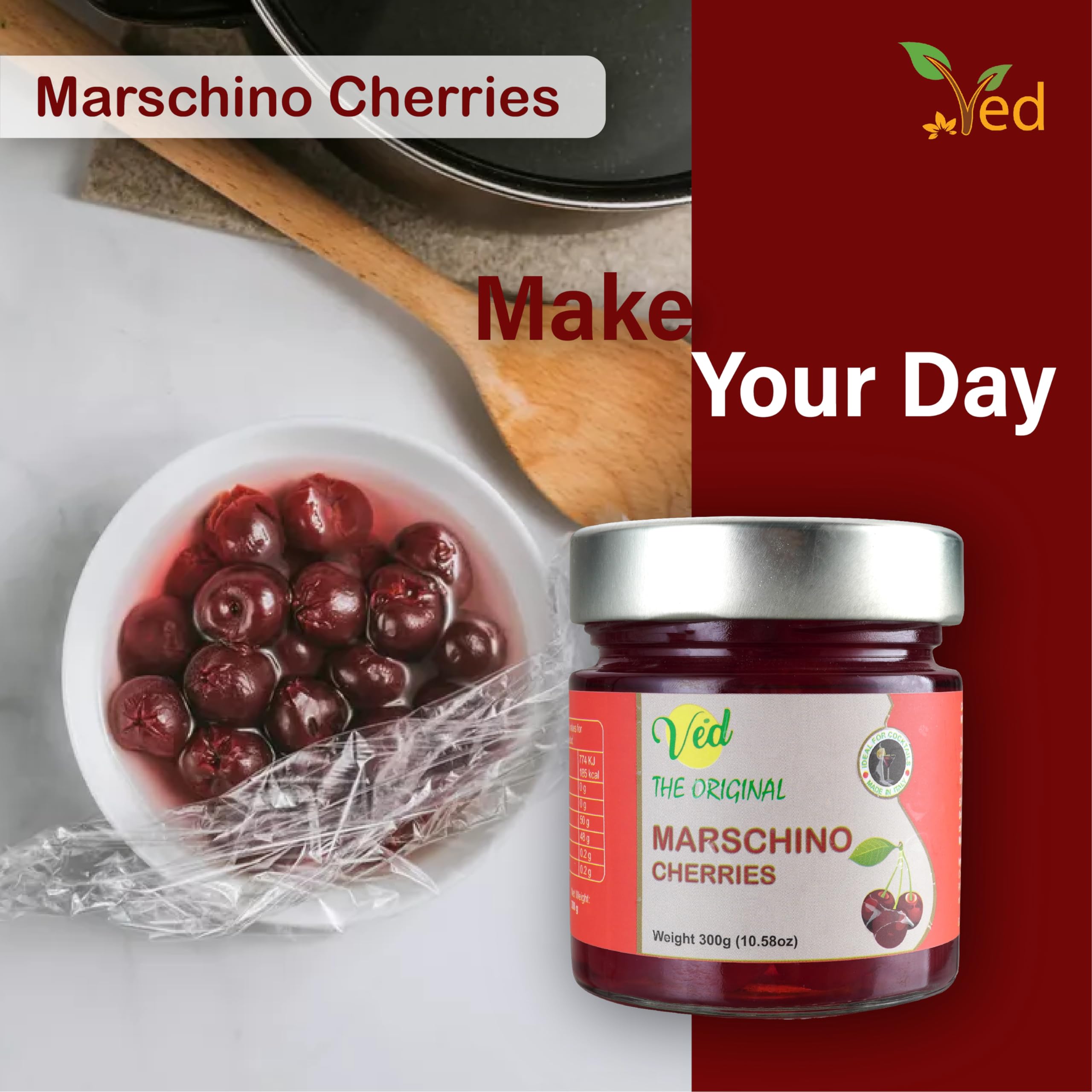 Ved Gourmet Original Red Maraschino Cherries Cereza italiana para cócteles a la antigua - Cóctel vegano, cerezas Bourbon en almíbar natural para cobertura de cóctel,600G