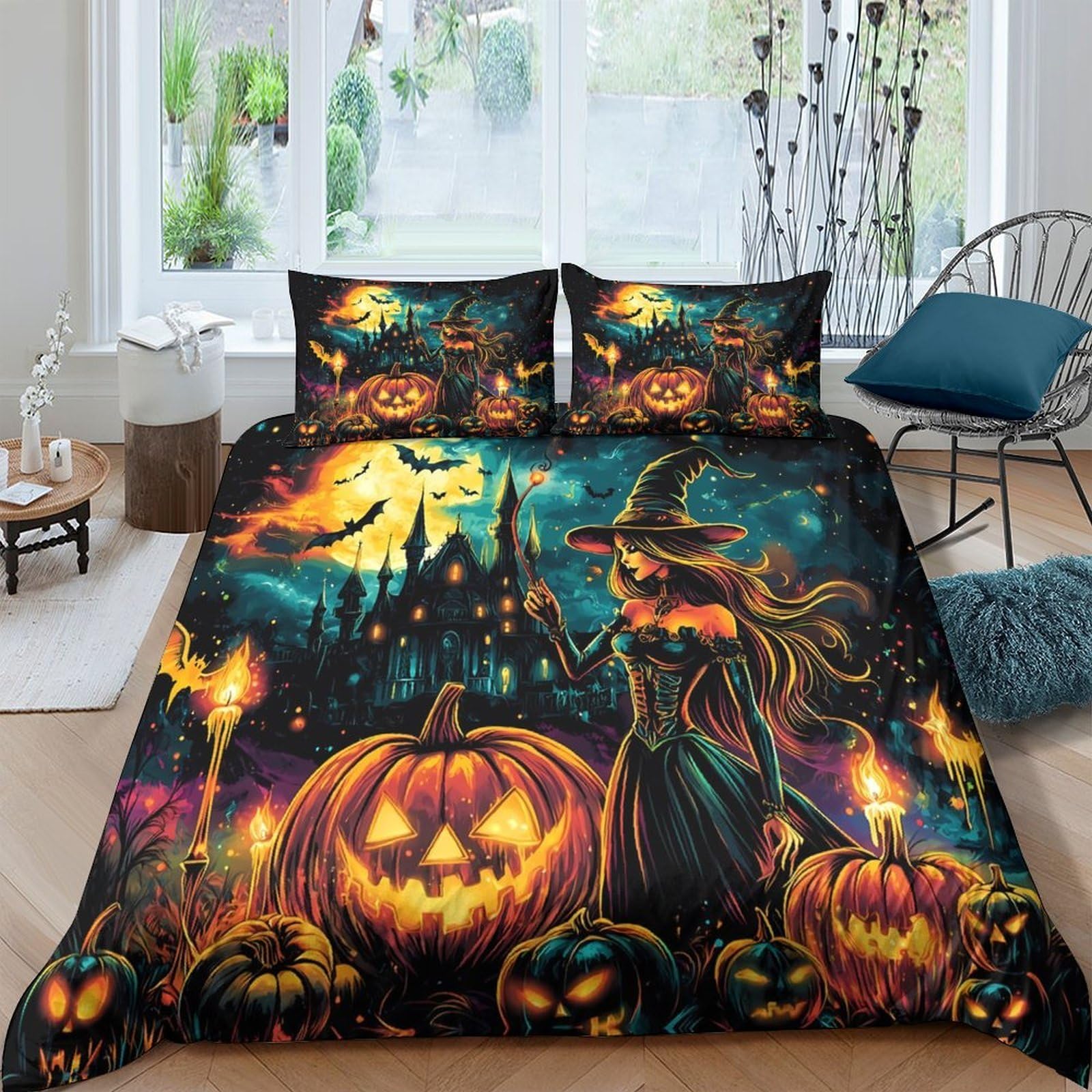 TUFRTGYHN 3D Printed Halloween Pumpkin Witch Duvet Cover Set Microfiber Soft Breathable Castle Bedding with 2 Pillowcases for Bedroom Decor Single（135x200cm）