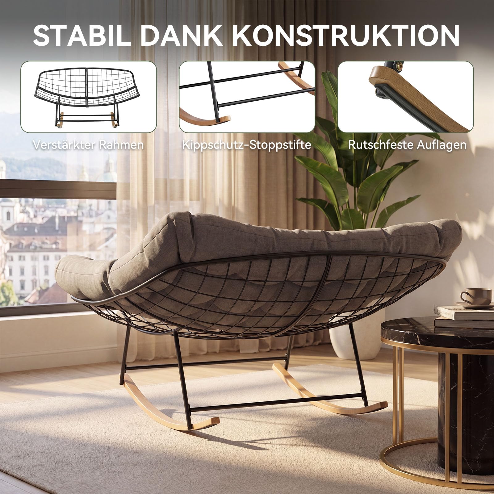 Aoxun Schaukelstuhl Outdoor,Ergonomischer Schaukelsessel für Indoor,Relaxsessel Garten,Balkon Sessel,Wetterfester Gartenstuhl Bequem,bis 200KG(Grau)