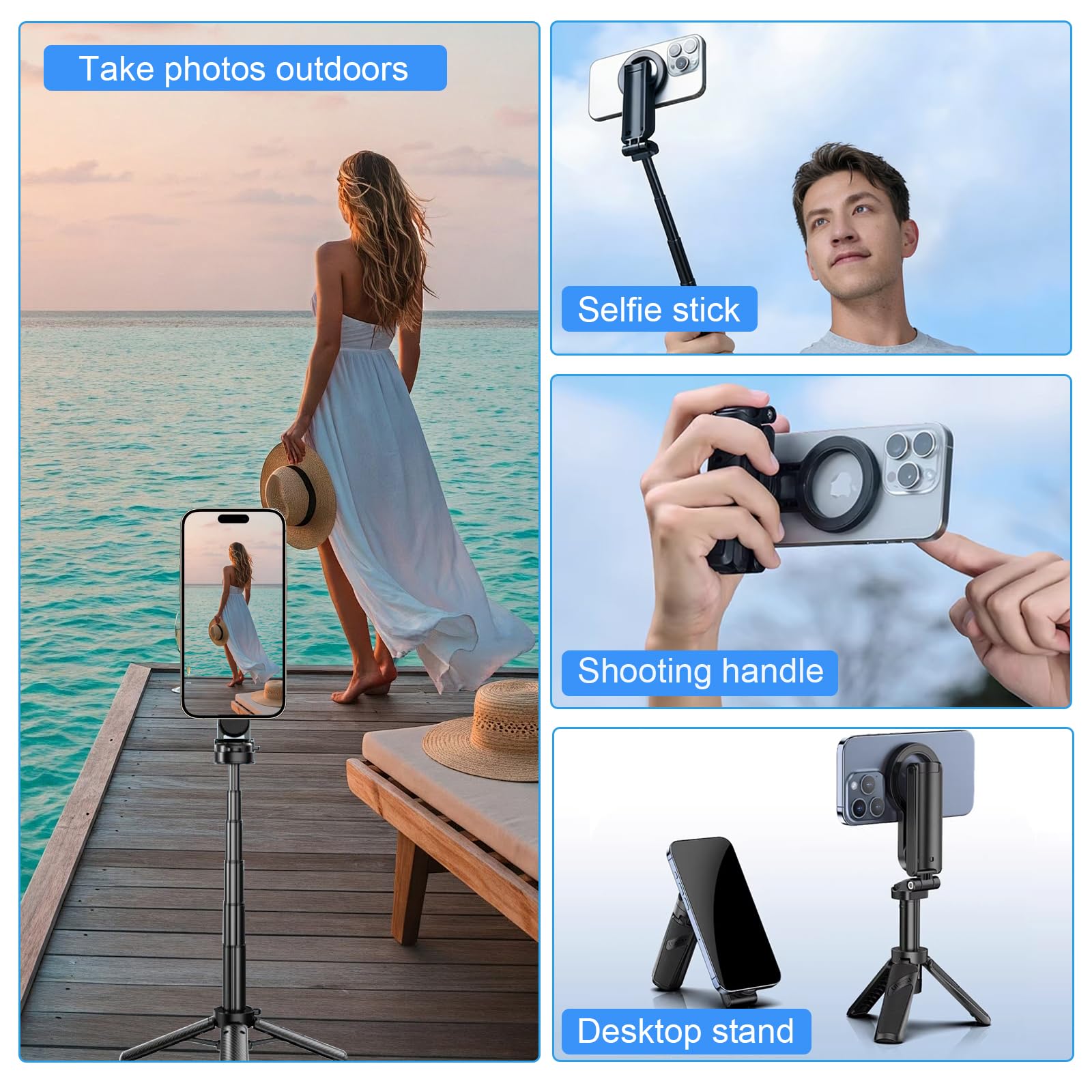 Treppiede Magnetico 4 in 1 Mini Supporto Portatile Tascabile per Telefono con Rotazione 360° Maniglia Pieghevole Treppiedi per Cellulare Magnetico per Vlog Foto Video iPhone/Android