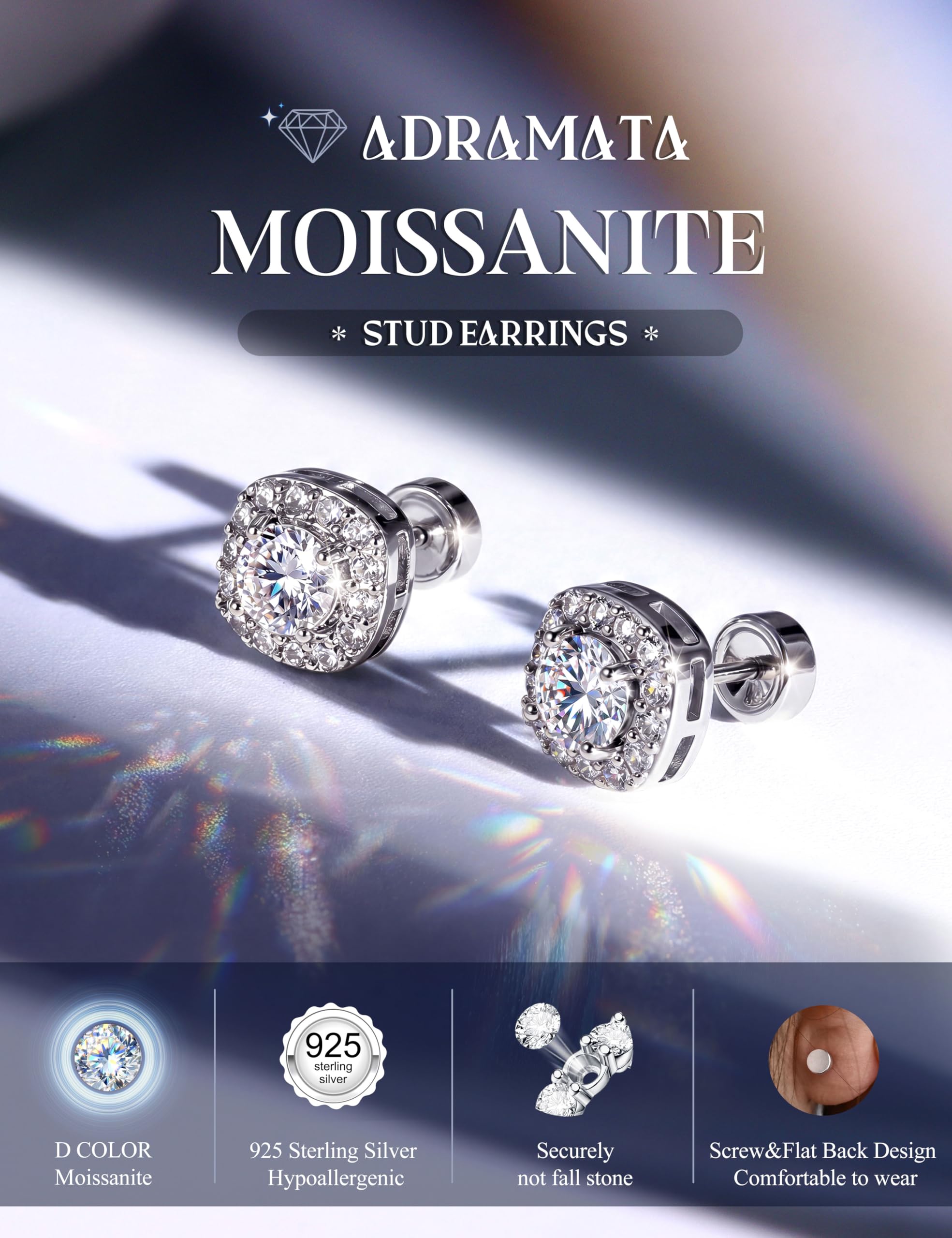 Adramata Pendientes Moissanita Mujer Hombre Plata de Ley 925, Pendientes de Botón Hipoalergénicos Parte Trasera Plana, Pendiente Diamante Simulado Chapado en Oro Blanco 14K, Moissanita D VVS1