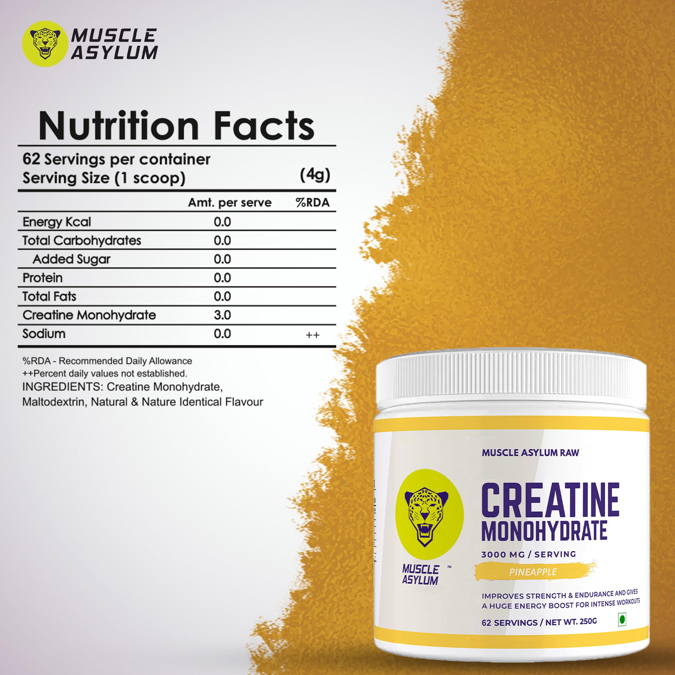Muscle Asylum Pure Creatine Monohydrate | 250g, 62 Servings | Pineapple | With Genuine Lab Reports | Enhanced Muscle Strength & Power | Fast Recovery | Increased Muscle Mass - Image 5 thumbnail
