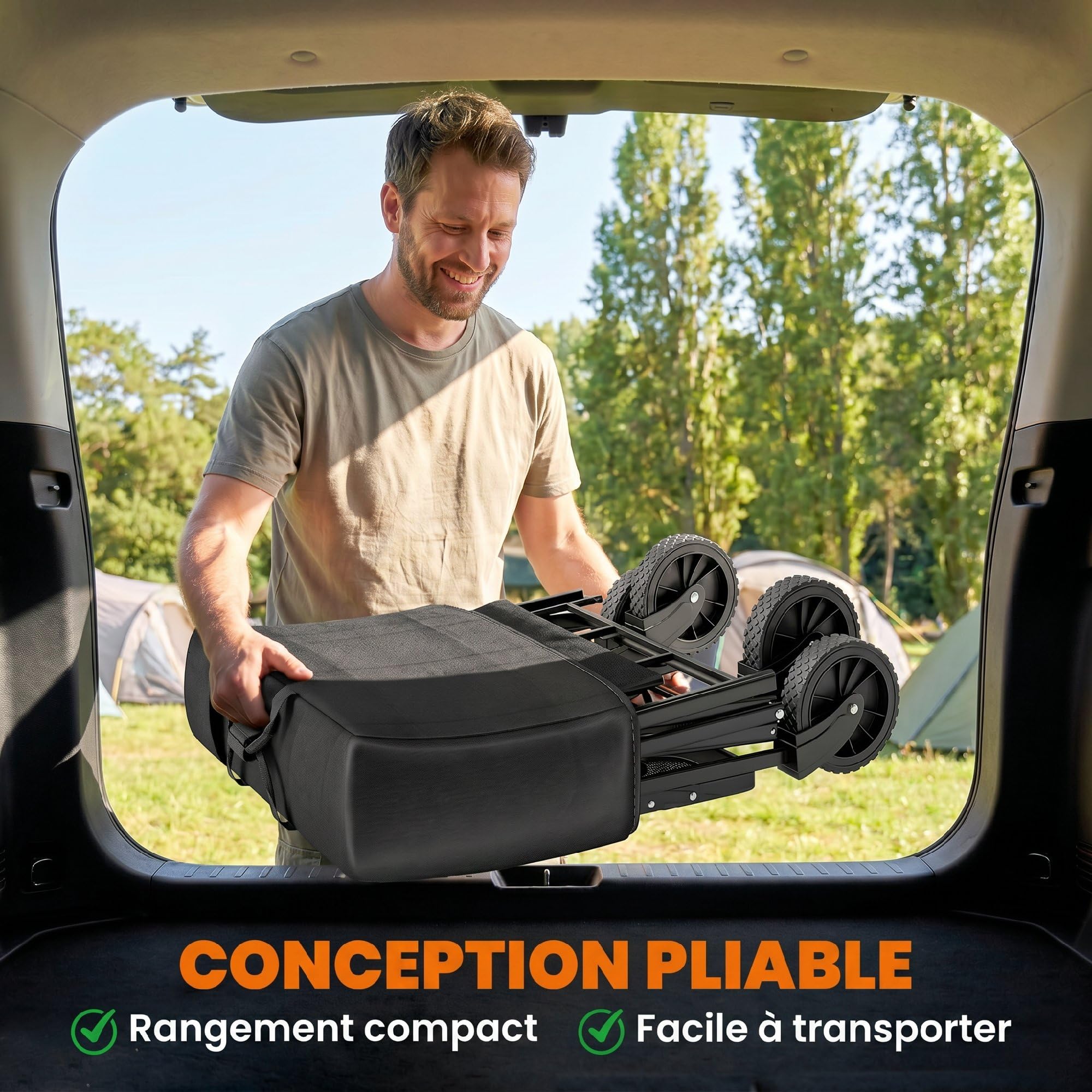 Outsunny Chariot de Transport Pliable, Chariot de Plage 4 Roues Dont 2 Roues Universelles, 140L 100 kg, Poignée Télescopique Inclinaison Réglable Plateau Pliable, pour Plage, Camping, Jardin, Noir
