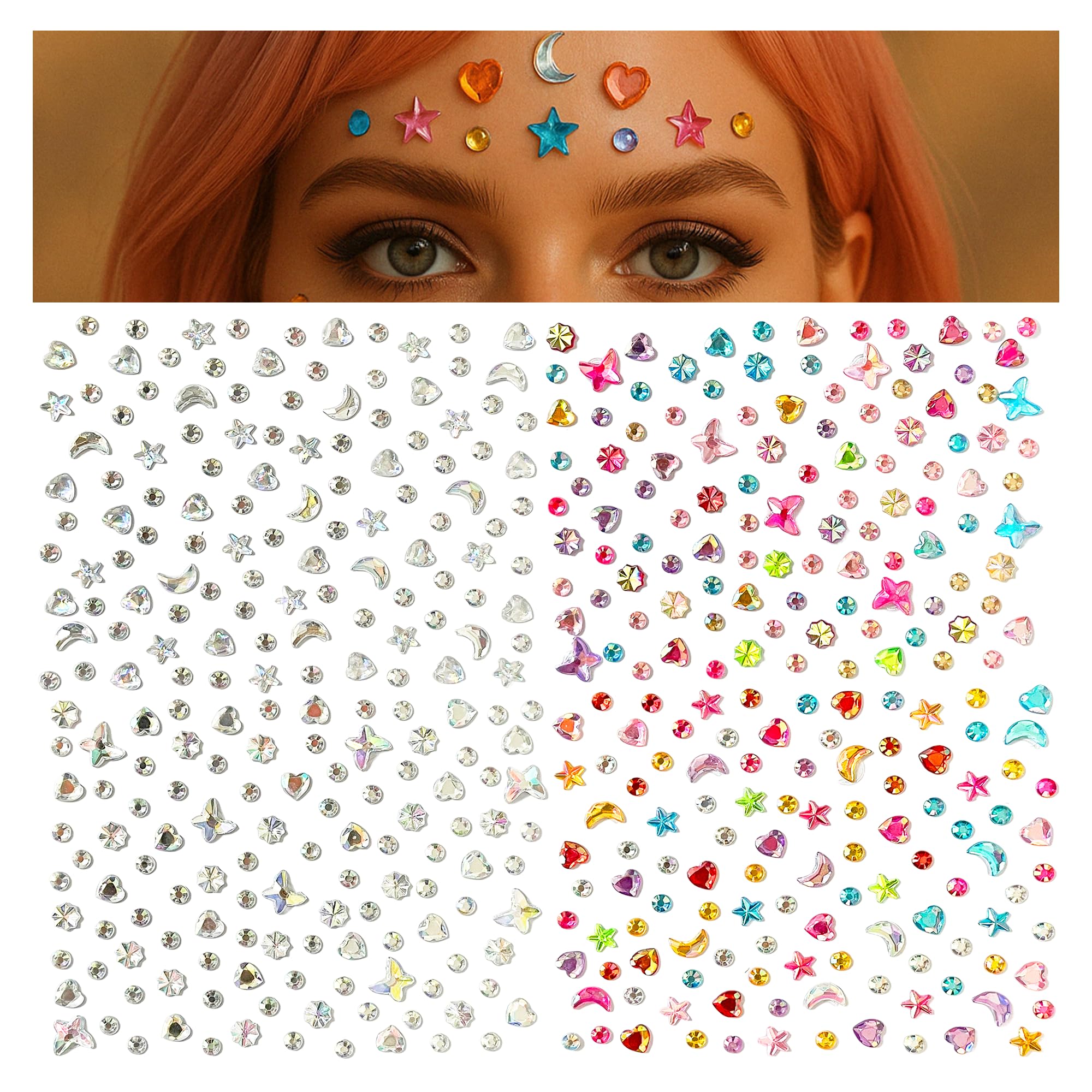 Waveaura Face Gems 4 Sheets Glitter Temporary Tattoos Stickers Mixed Shape Heart Star Crescent Butterfly Umbrella Colorful & Crystal Festival Rave Accessories Jewels for Women Party Body Nail Art DIY