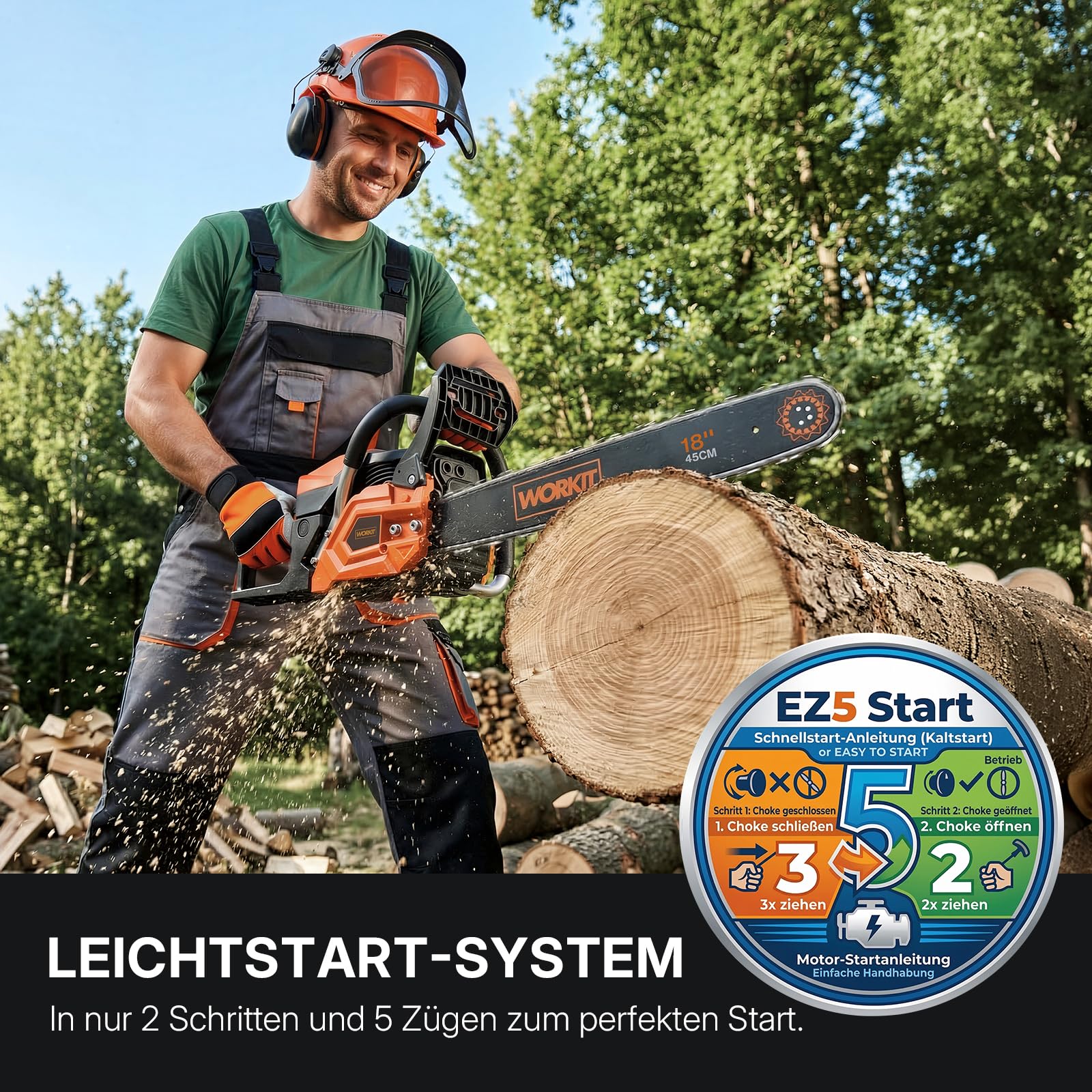 WORKIT 54 cm³ Benzin Kettensäge (3,4 PS), Motorsäge Benzin Profi-Set mit 45 cm (18") & 40 cm (16") Schwert, Easy-Start Benzinkettensäge für Forst & Brennholz, 12.000 U/min, inkl. 2 Sägeketten