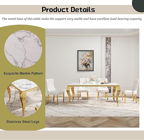 Miniatura 5 de Juego de mesa de comedor de 7 piezas para 6, juego de mesa de comedor de mármol sintético con mesa de comedor de mármol de 70 pulgadas y 6 sillas de