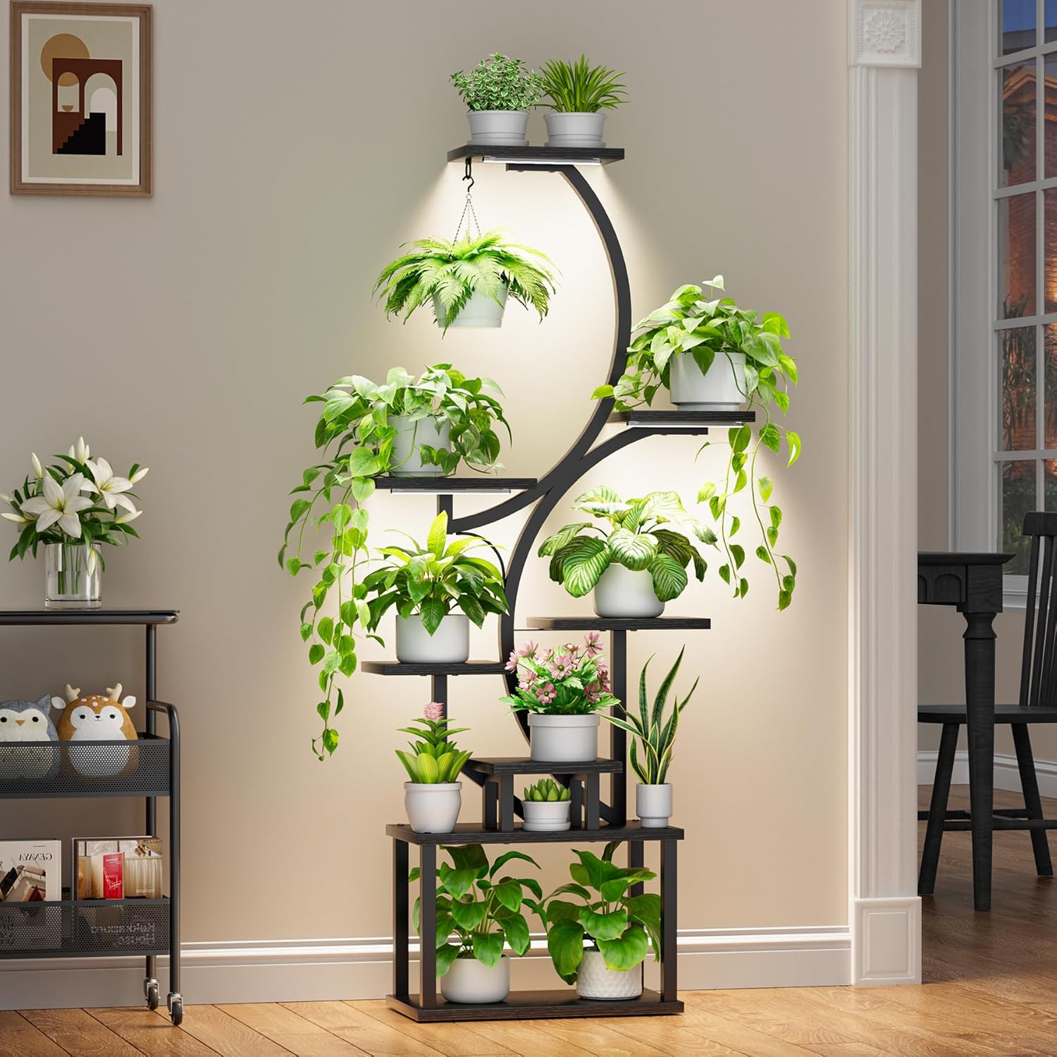 Plant Stand Indoor with Grow Lights - 62 Tall Plant Shelf, Lighted Corner Plant Stands for Indoor Growing, 8 Tiered Large Flower Holder, S-Shaped Plants Rack for Living Room, Patent Design, Black