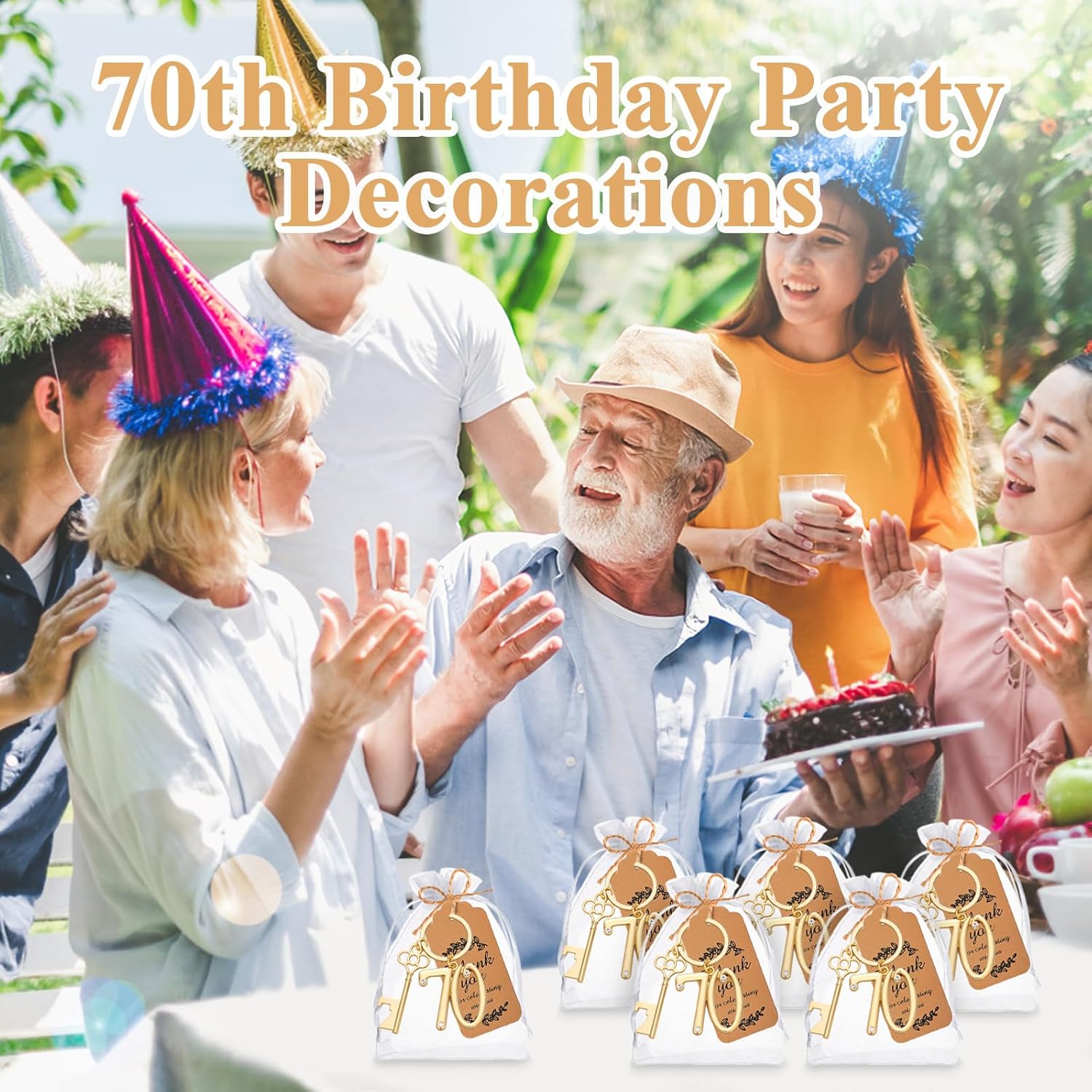 24Pcs 70th Key Bottle Openers Keychain Bulk 70th Birthday Party Favors, 70th Gold Beer Key Chain Ring Bottle Opener 70 Wedding Anniversary Return Gifts Party Decorations or Souvenirs for Guests