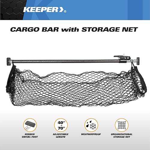 Vista 3 de KEEPER Ratcheting Cargo Bar - Rubber, Black/Silver, Adjustable from 40"-70" - Comes with 60” x 24” Storage Net (5060), For Truck
