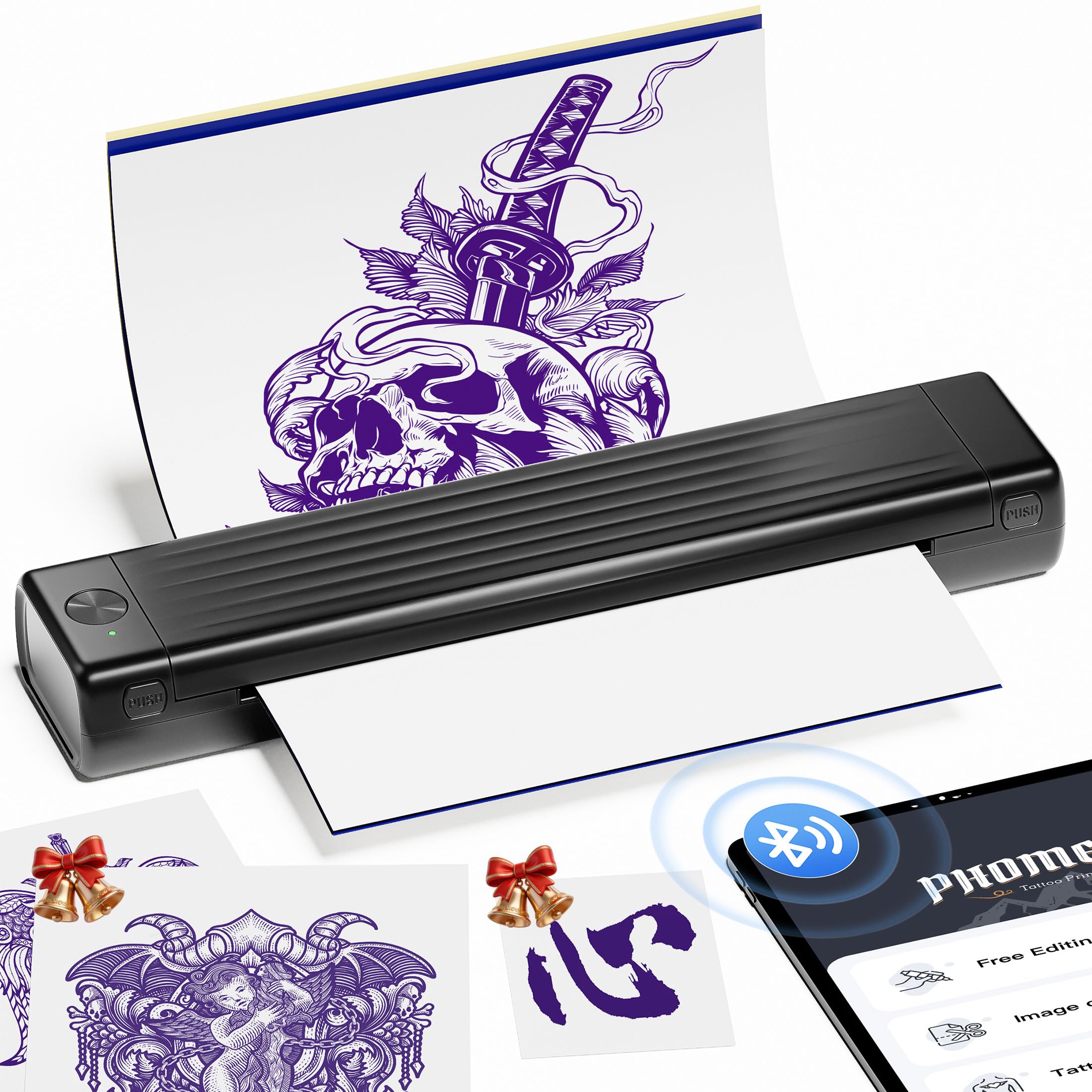 Itari A886-BK Tattoo Stencil Printer, Black, Monochrome, 203 DPI, USB & Bluetooth, Compatible with Phone & Tablet, 10 Sheets Transfer Paper, A4 Size, 3 Pages Per Minute