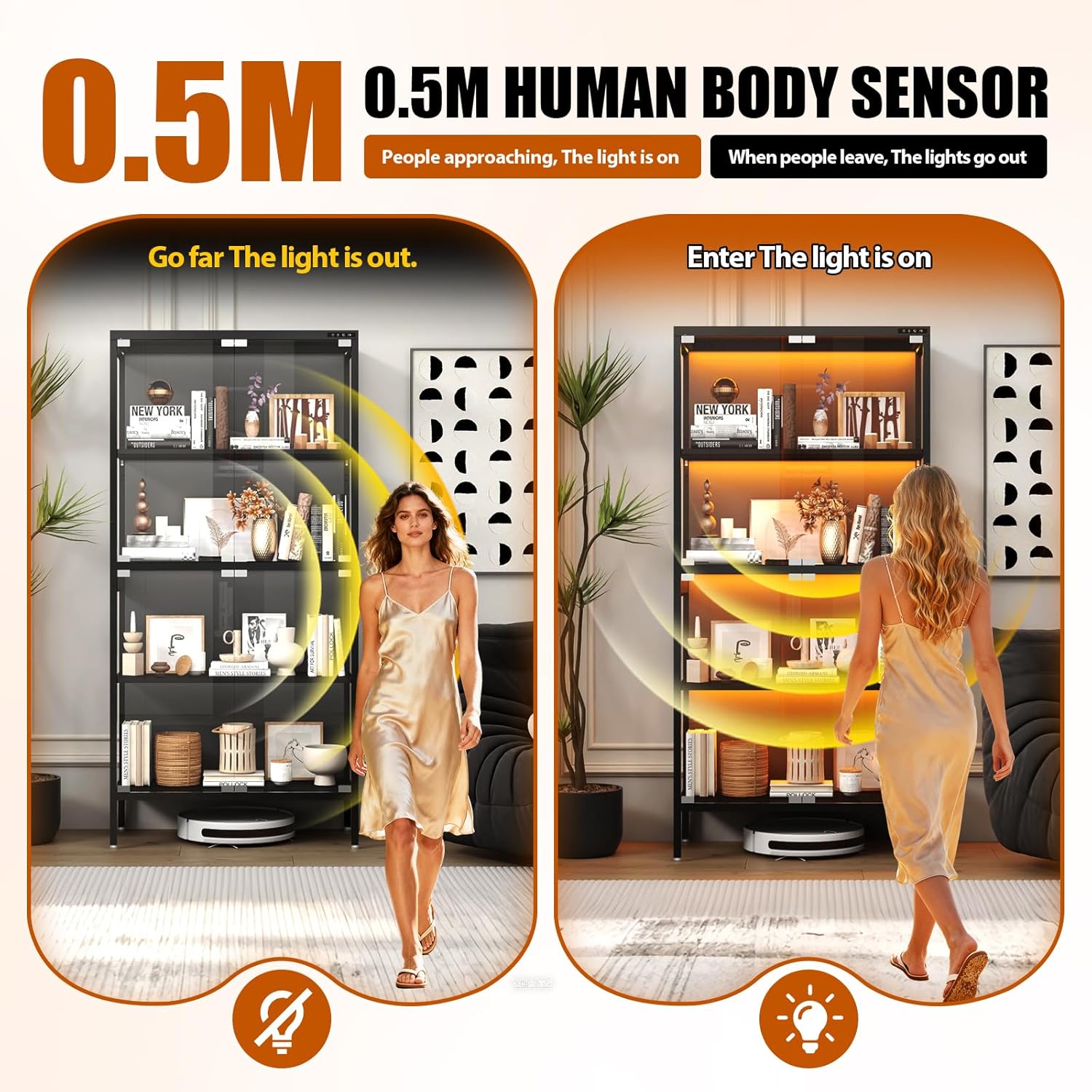 RGB Display Cabinet,4 Tier Glass Display Case,5 Color Curio Cabinets with Glass Doors,Display Case with Adjustable Shelves,Glass Display Cabinet with Human Body Sensor,Black (16"D x 32"W x 65"H)