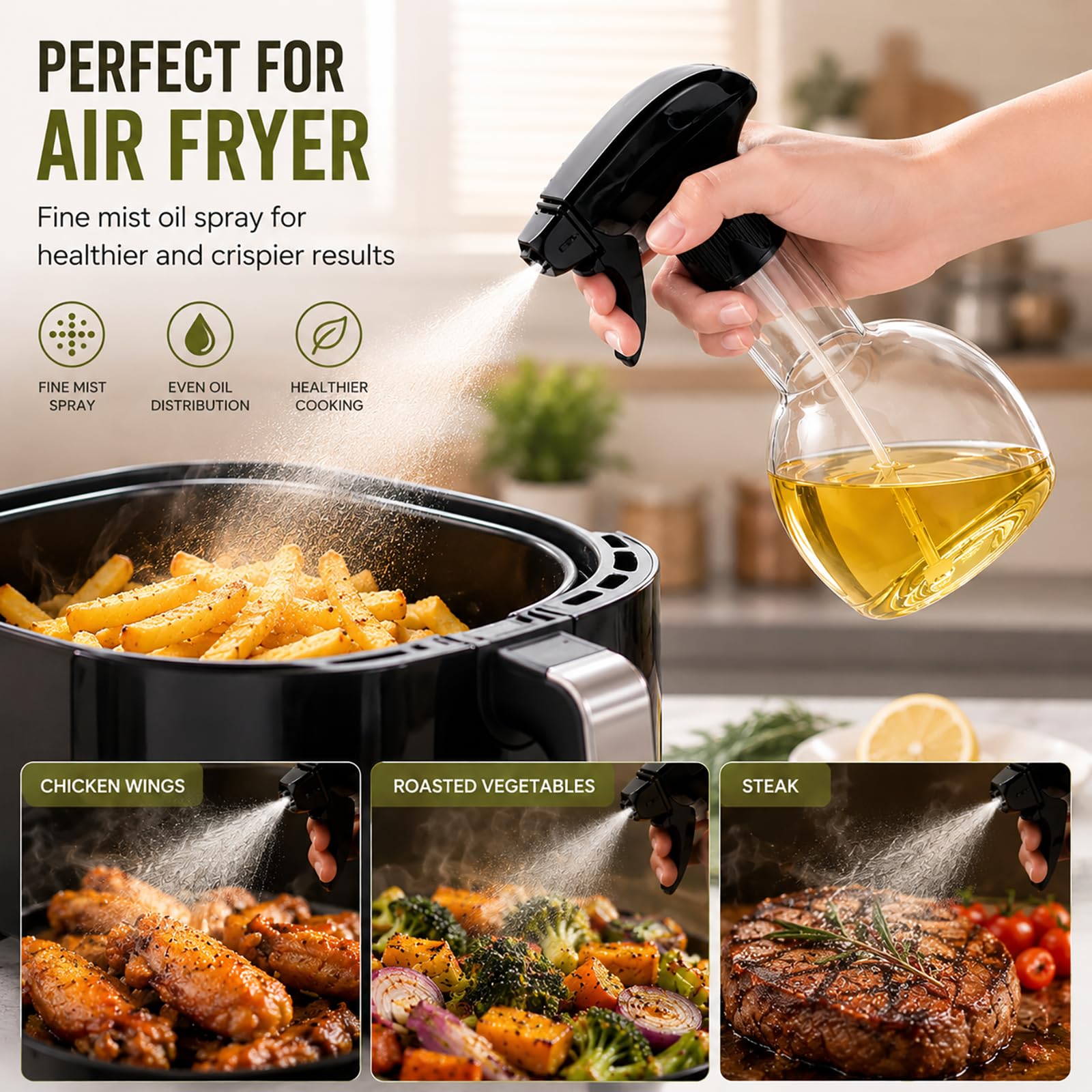 Pulverizador de aceite para cocinar, botella pulverizadora de aceite de oliva de 280 ml, de plástico de grado alimenticio, para freidora de aire, ensalada, barbacoa, hornear, a prueba de fugas