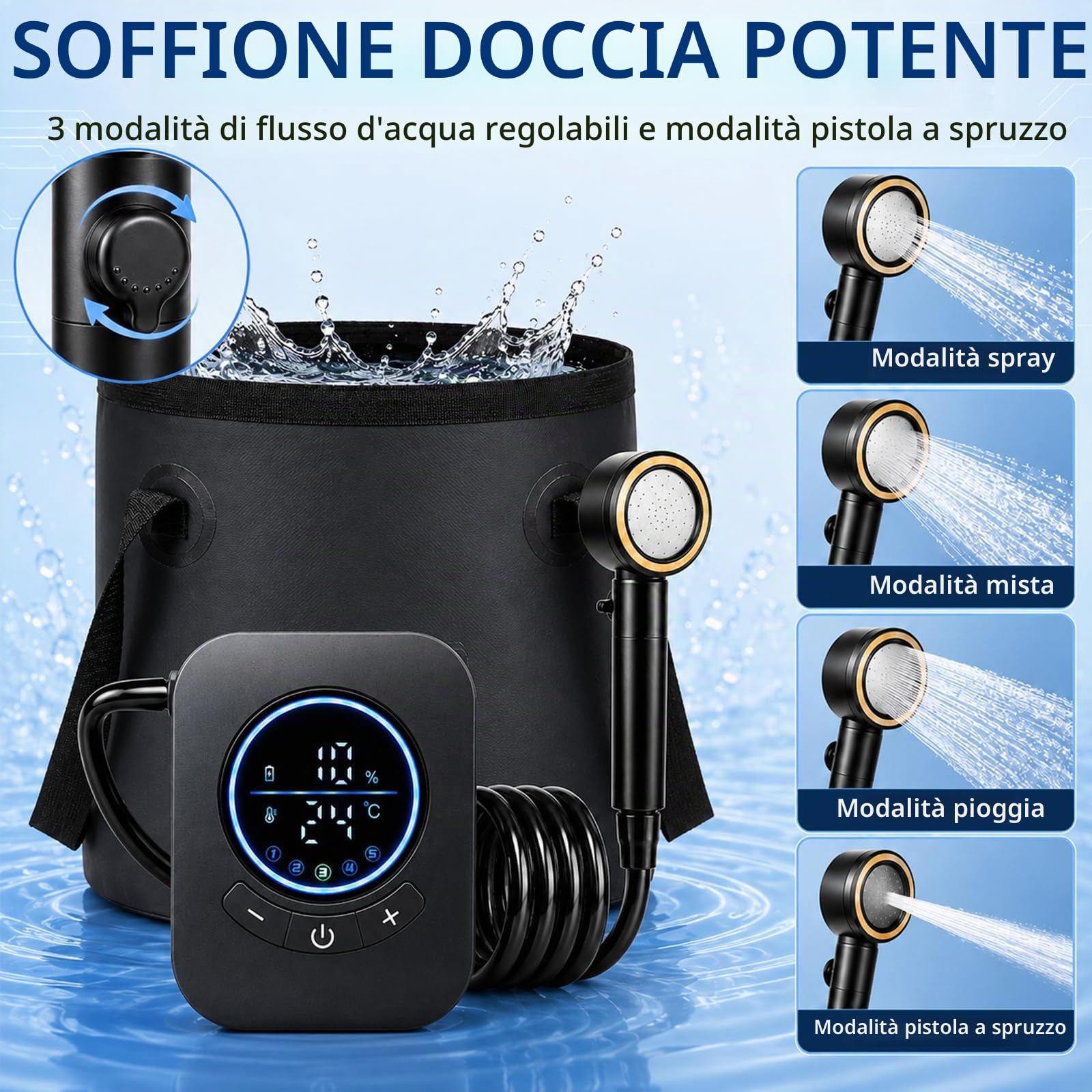 Doccia Da Campeggio con Secchio Pieghevole 20L, 8000mAh Doccia Ricaricabile Portatile Impermeabile IPX7 con Display Digitale Soffione Regolabile Doccia da Esterno per Spiaggia Animali Auto Giardino