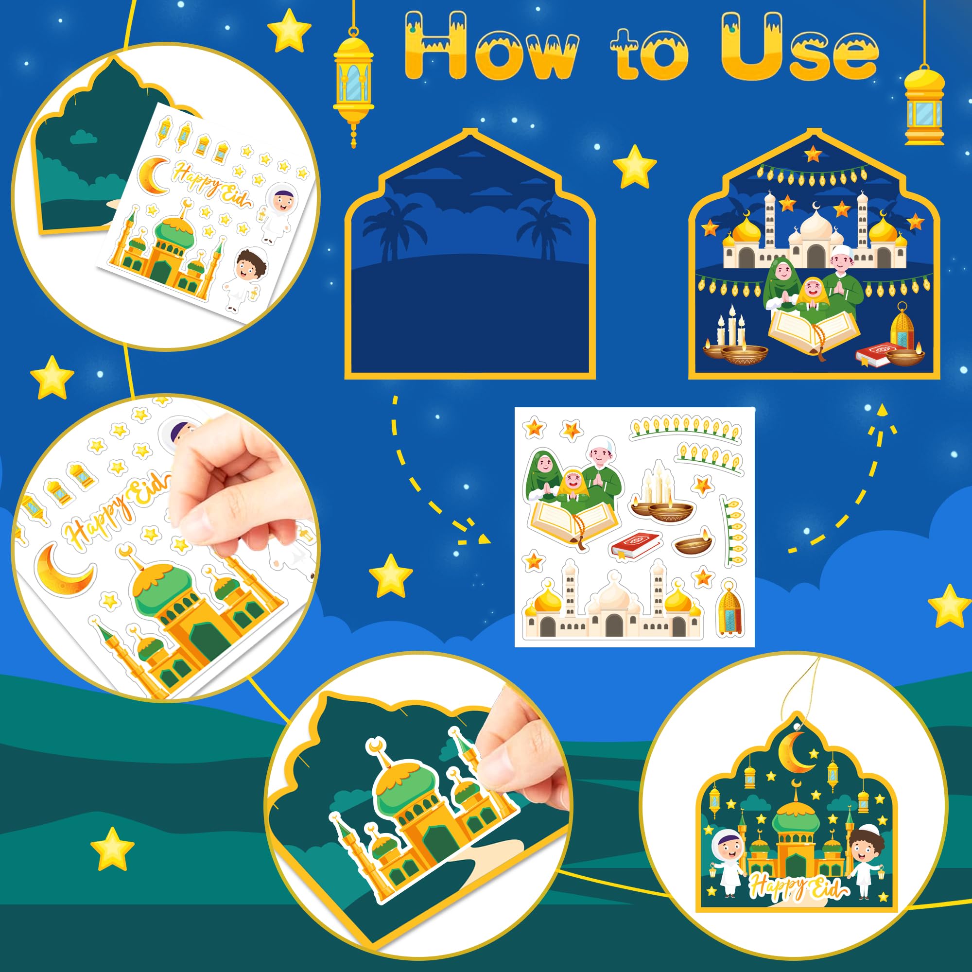 Eid Mubarak and Ramadan Kareem Craft Kit - 48 PCS DIY Mosque Scene Stickers for Kids, Create Your Own Religious Label Decal, Hanging Ornament Set for Eid Al-fitr Classroom Party Favor Goodie Supplies