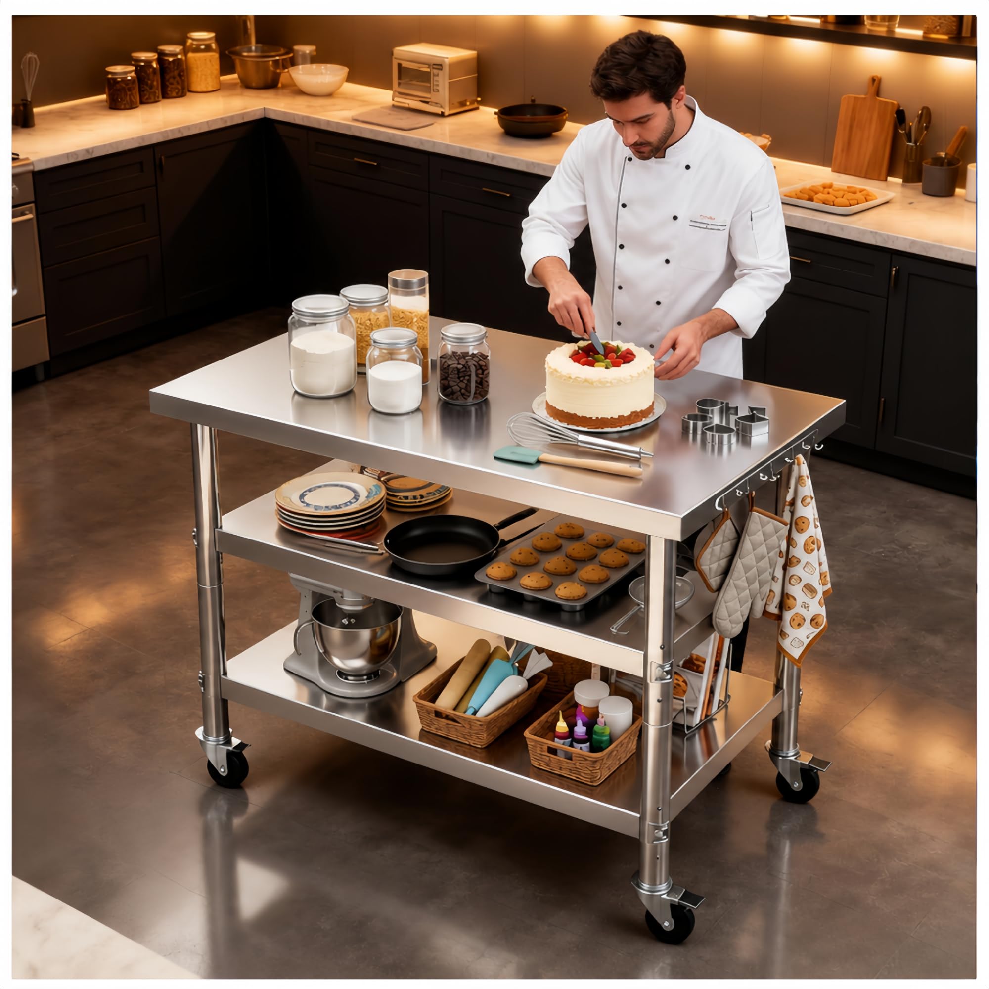 Stainless steel kitchen prep and work table with Wheels,44x24in,Multi-Size