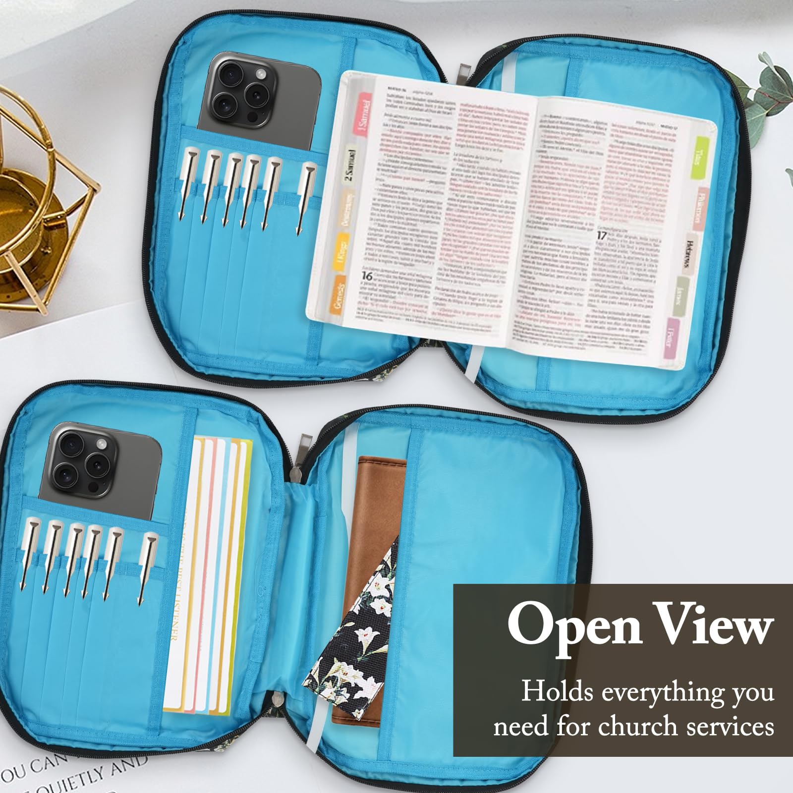 QZDAFFIC Bible Cover with Bible Tabs, Large Bible Bag for Women Girls Men, Durable A5 Book Cover Zipped Tote Bag for Bible Study Supplies (Rose Painting) - Image 4
