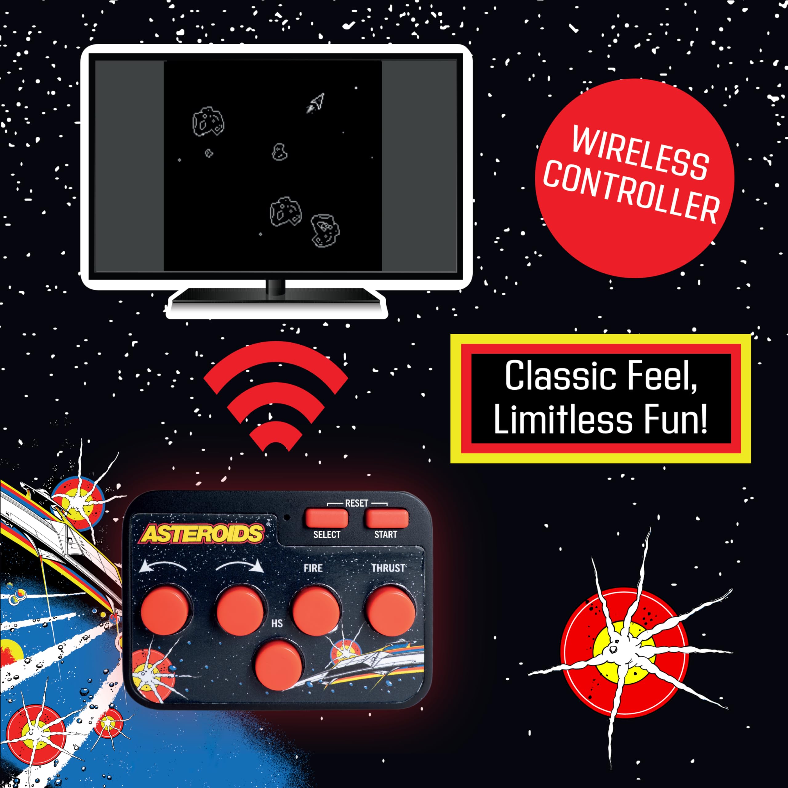 Fizz Creations Asteroids Plug & Play HDMI Arcade konsola do gier z bezprzewodowym kontrolerem. Klasyczna gra retro do telewizora, rodzinne gry retro, prezent nostalgiczny.