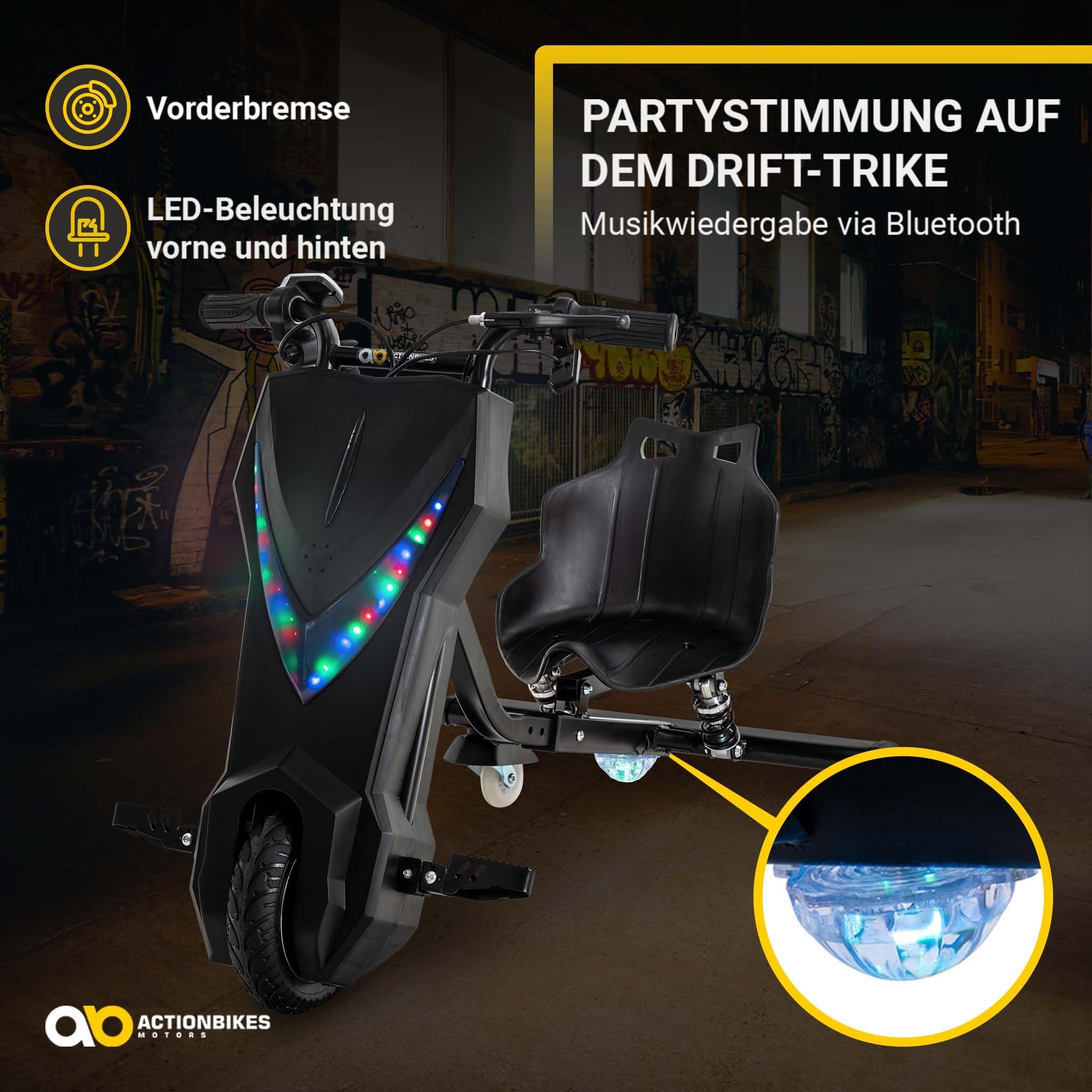 Actionbikes Motors Kinder Elektro Driftscooter | 𝟐𝟓𝟎 Watt Motor - Drift Cart 360°- 3 Geschwindigkeitsstufen - LED-Beleuchtung - Sitz verstellbar - Bluetooth - Drift Kart - Drift Auto (Black)