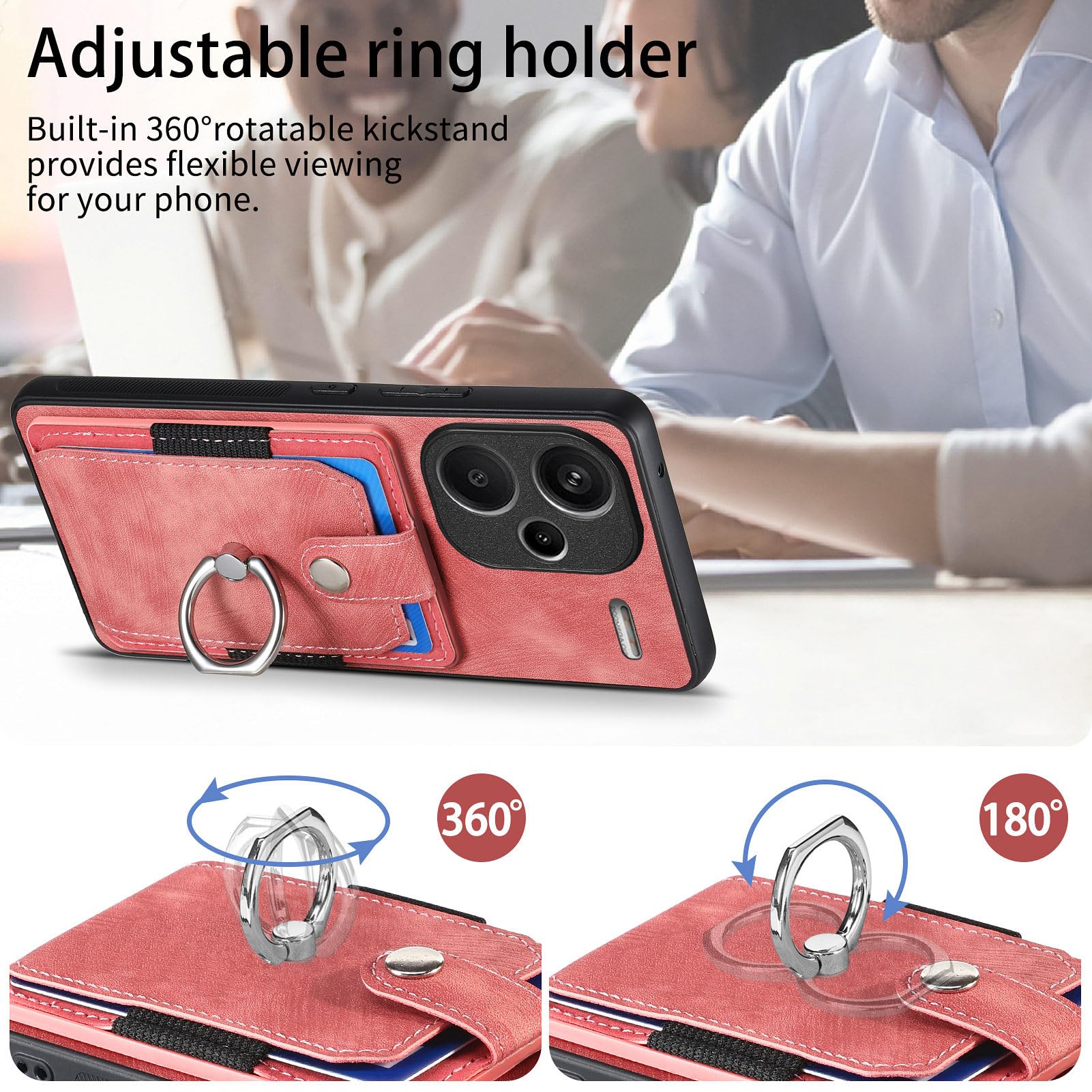 MOJIA Cover Portafoglio Per Xiaomi Redmi Note 14 Pro+ 5G - Custodia Ultra Sottile In TPU Con Porta Carte E Supporto Ad Anello, Guscio Antigraffio Rosa