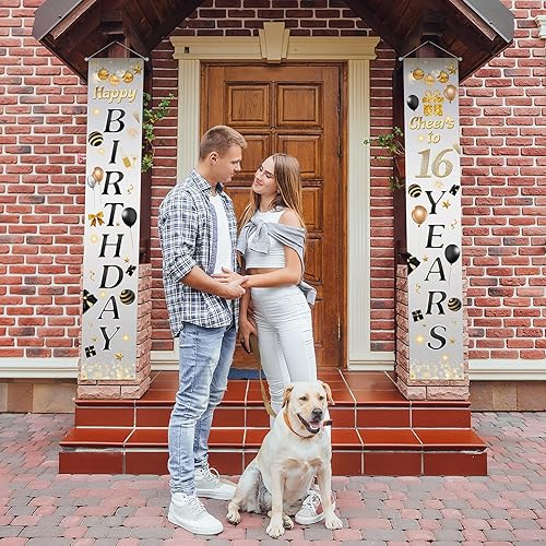Miniatura 4 de 5665 Cartel de feliz cumpleaños 16 para porche, decoración de puerta gris con texto en inglés "Cheers to 16 años" para fiestas temáticas para niños