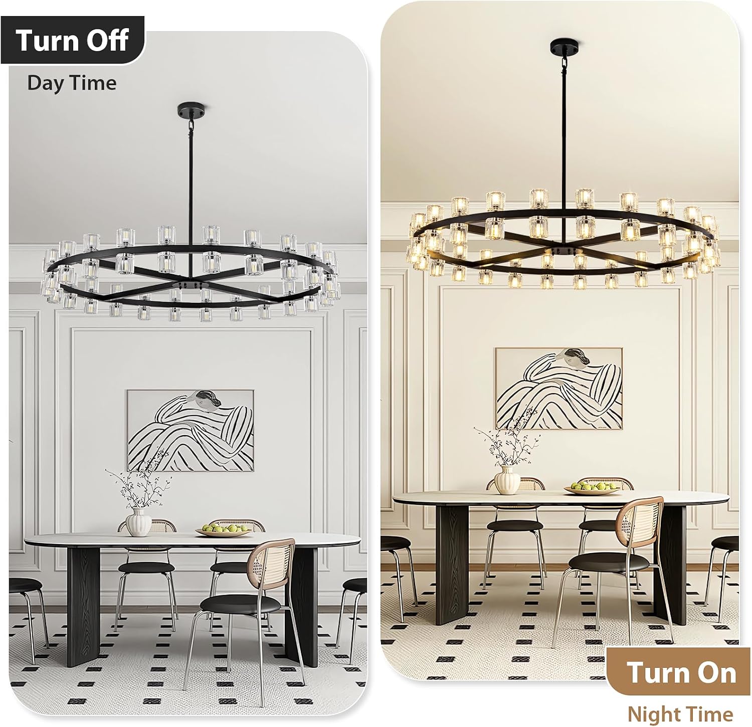 48'' Modern Large Chandelier, 48-Light Elegant Crystal Chandeliers for Dining Room, Black Farmhouse Round Wagon Wheel Pendant Lighting Fixture with Glass Shade for Living Room High Ceilings Entryway