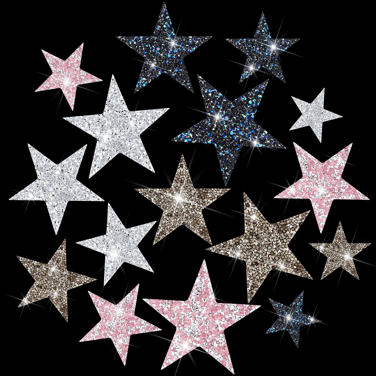 Jexine 16 Pcs Star Iron on Patches Rhinestone Glitter Patches Star Shape Crystal Hot Adhesives Appliques Shiny Jeans Bag Pant Clothing Repair Decoration for Disco Party DIY Craft Graduation Gifts