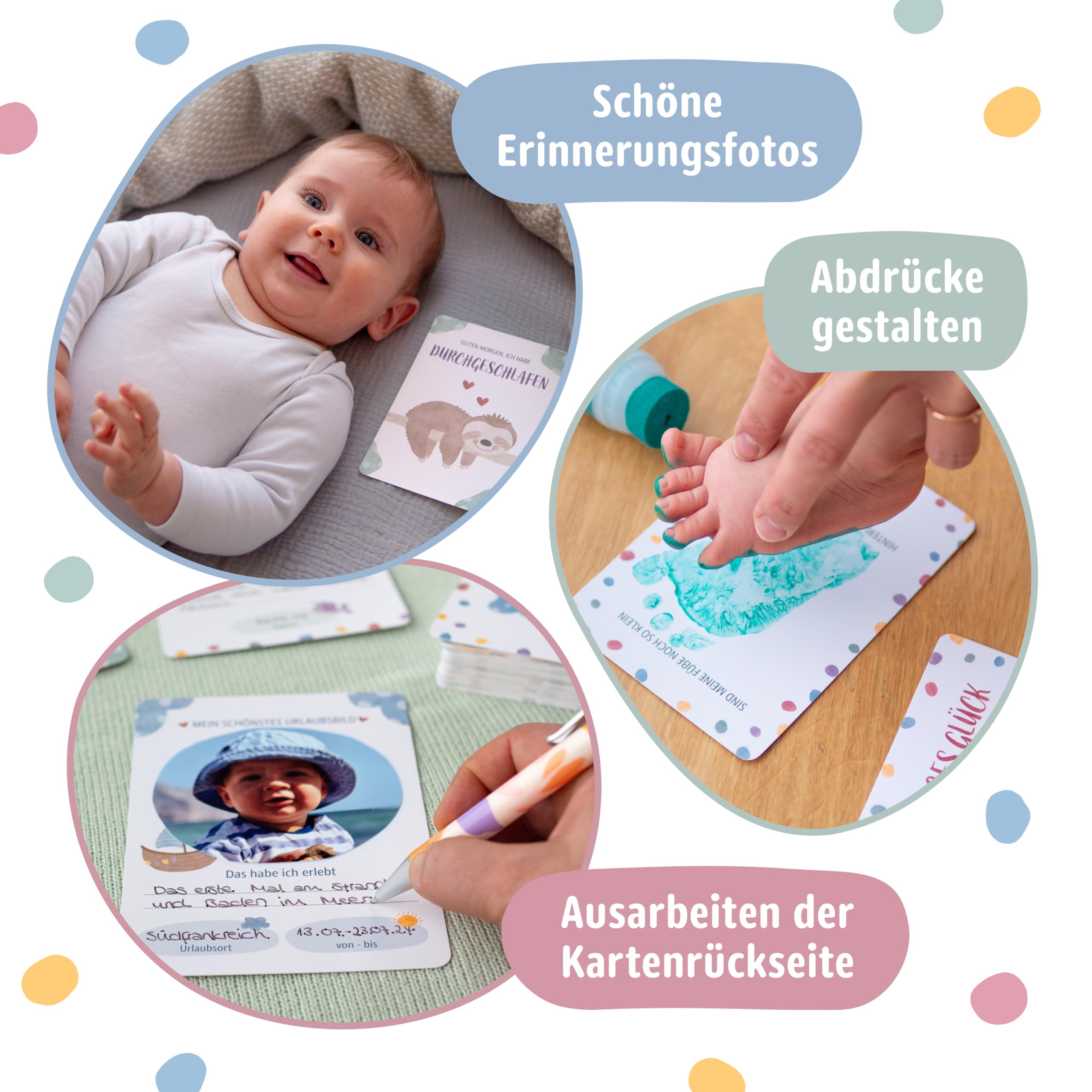 Miniwerk Meilensteinkarten Baby 60 Stück – persönliches Geschenk zur Geburt, Erinnerungsbox Baby, Babytagebuch, Ergänzung zur Baby Erstausstattung für Neugeborene und Eltern, Kontrastkarten Baby