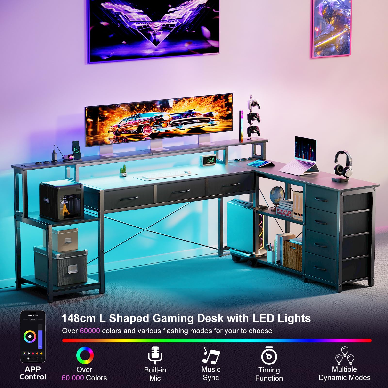 Schreibtisch L Form mit Schubladen, Gaming Tisch mit Steckdose, LED & Monitorständer, 200 x 146cm, 7 Stoffschubladen, Computertisch für Büro Arbeitszimmer Schlafzimmer (Schwarz)