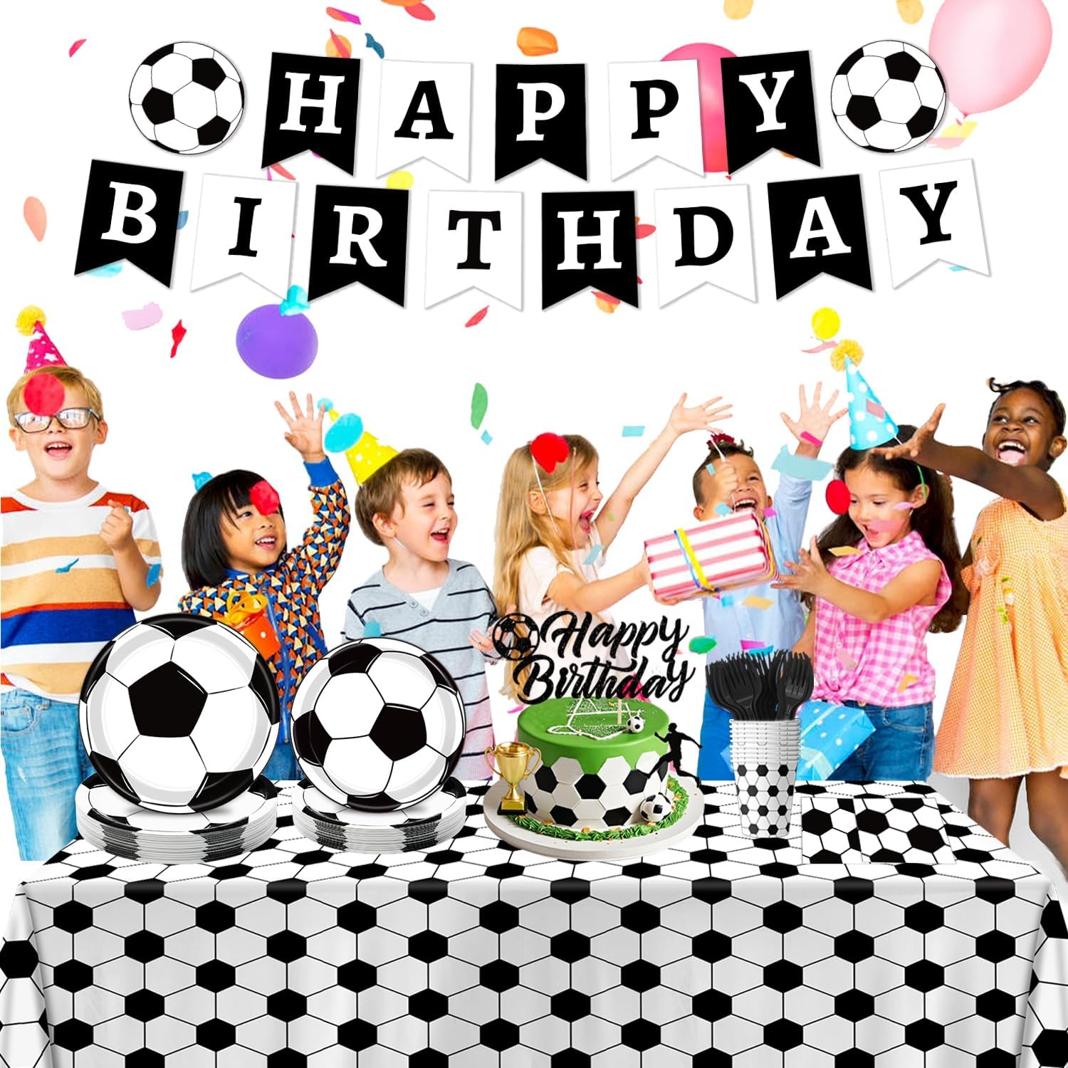 Soccer Birthday Party Decorations Includes Plates, Napkins, Forks, Banner, Tablecloth for Boys Sport Soccer Party Decorations, Serves 24 - Image 4