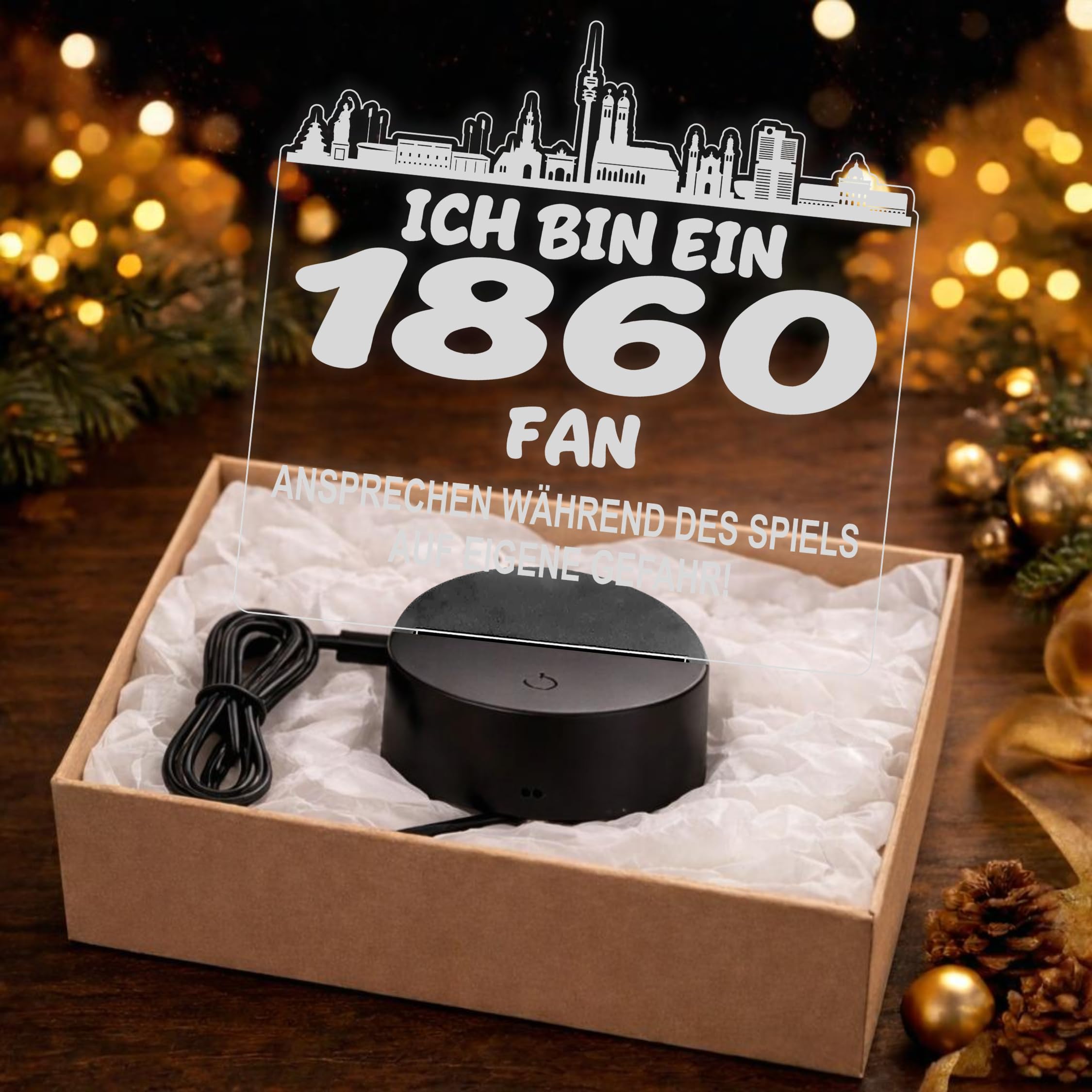 Lieblingsmensch 1860 Fan Fußball LED Nachtlicht – 3D Skyline Design „Ansprechen auf eigene Gefahr“ – RGB Farbwechsel mit Fernbedienung & Touch – Stimmungslicht für die Man Cave – 19x23cm