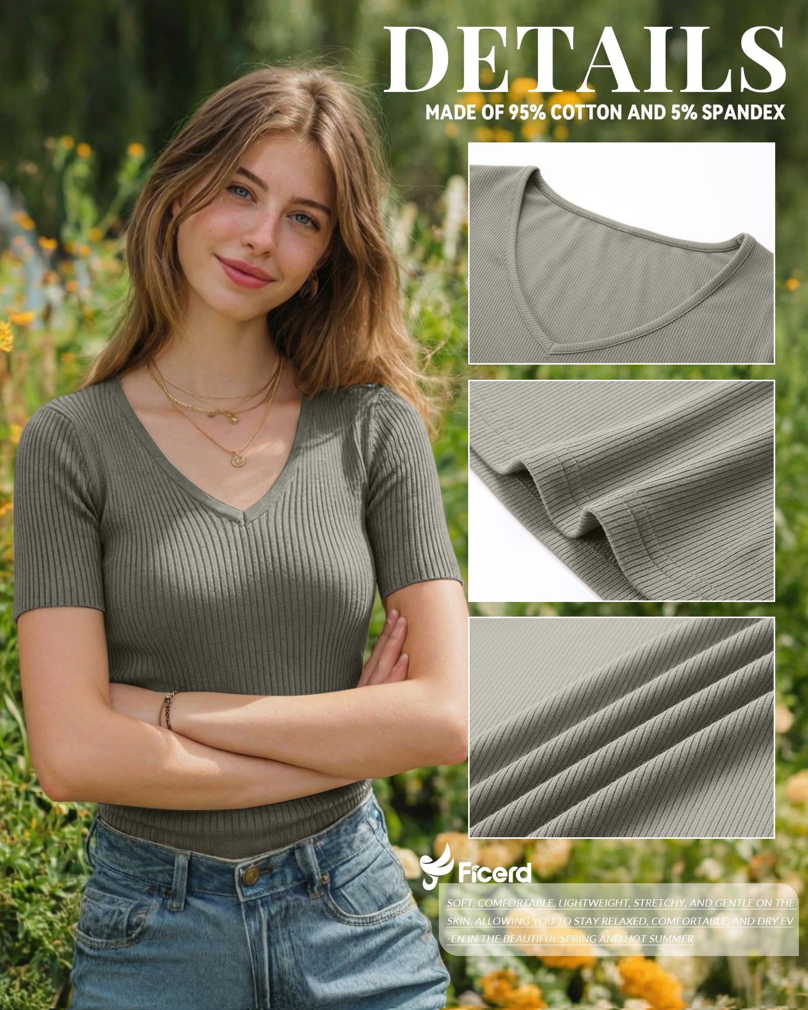 Ficerd Pack de 3 Camisetas de Algodón de Manga Corta para Mujer Cuello en V Acanaladas Corte Ajustado Camiseta Básica