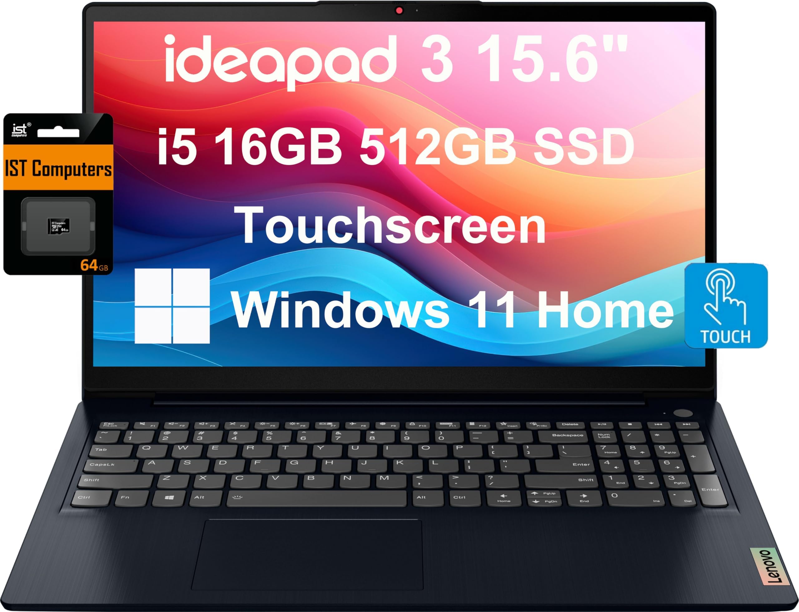 Lenovo IdeaPad 3 Laptop, 15.6" FHD Touchscreen, Intel Core I5-1155G7, 16GB RAM, 512GB SSD, Webcam, HDMI, Wi-Fi 6, Windows 11 Home, Blue