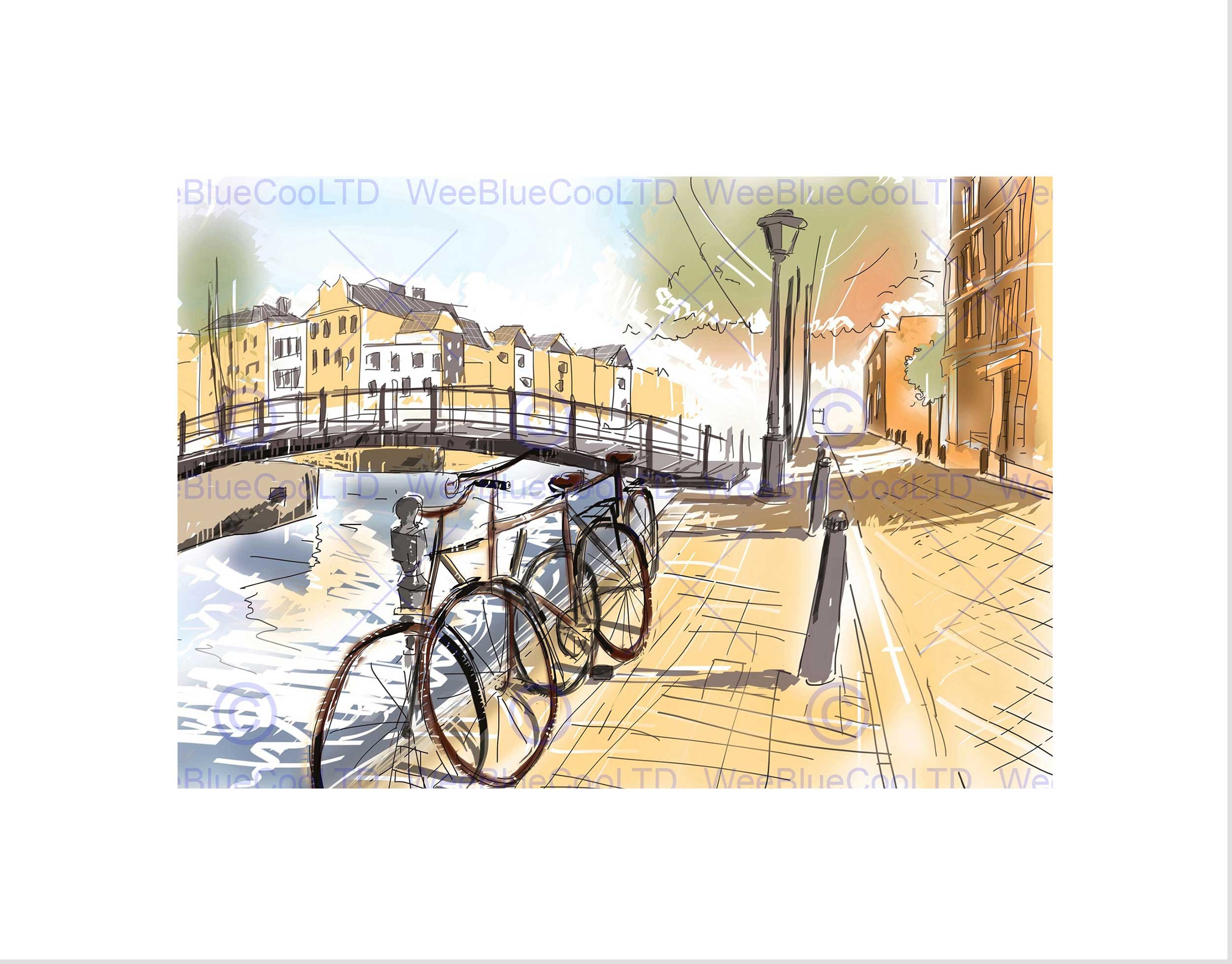 Wee Blue Coo Painting Drawing Cityscape Street Amsterdam Canal Bridge Wall Art Print