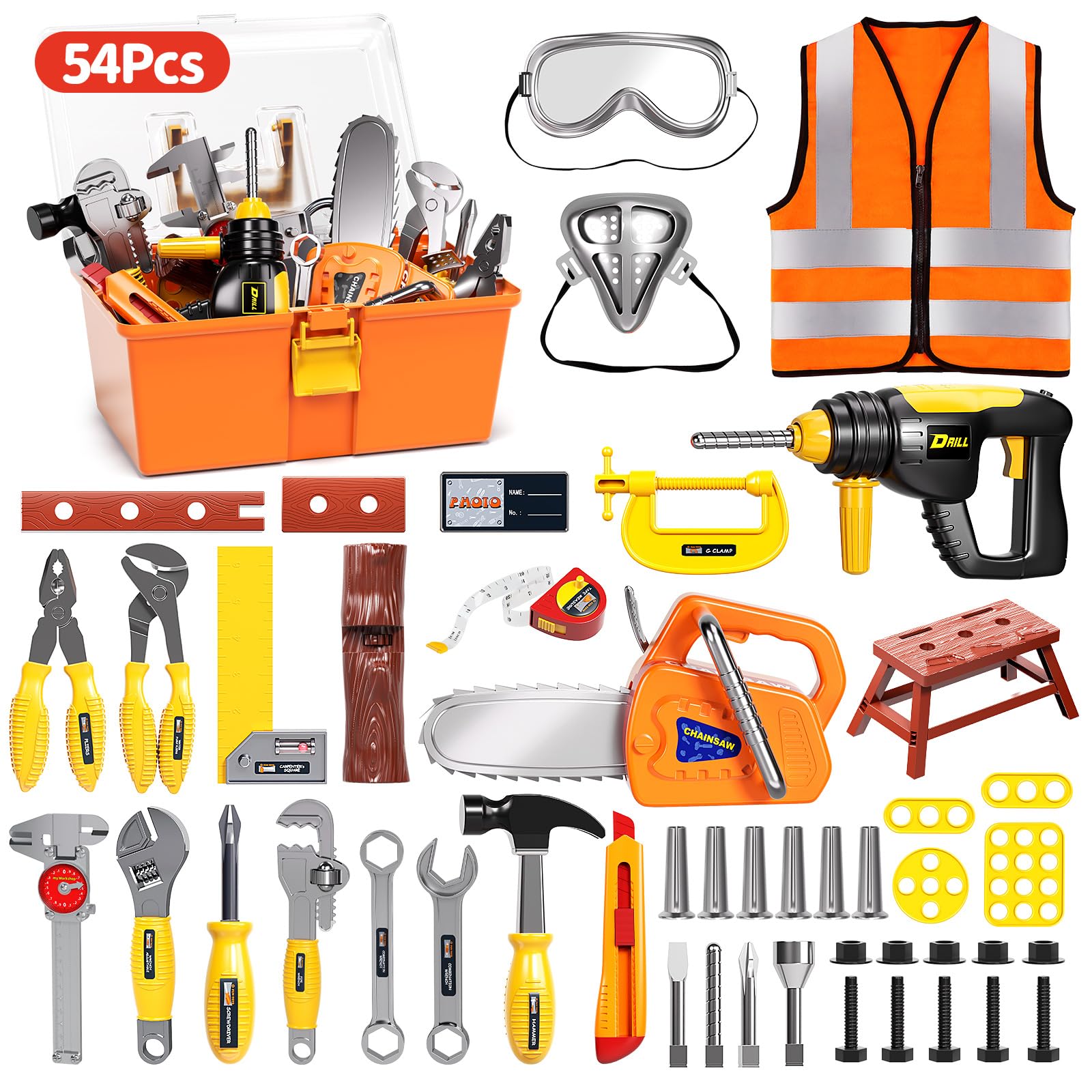 Deejoy 54Pcs Large Kids Tool Set with Electric Saw & Electronic Toy Drill, Pretend Play Kids Construction Set for Toddler 3-5 Years Old, Toddler Boy Toys-Orange