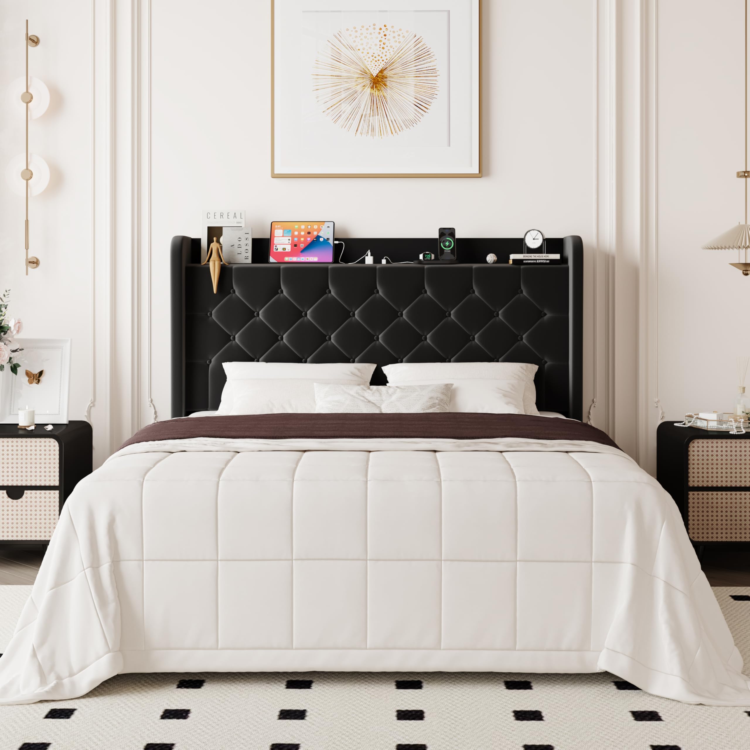 Allewie Full Size Bed Frame, Storage Headboard with Charging Station, Wingback Velvet Upholstered, Diamond Stitched Button Tufted, Sturdy Wooden Slats